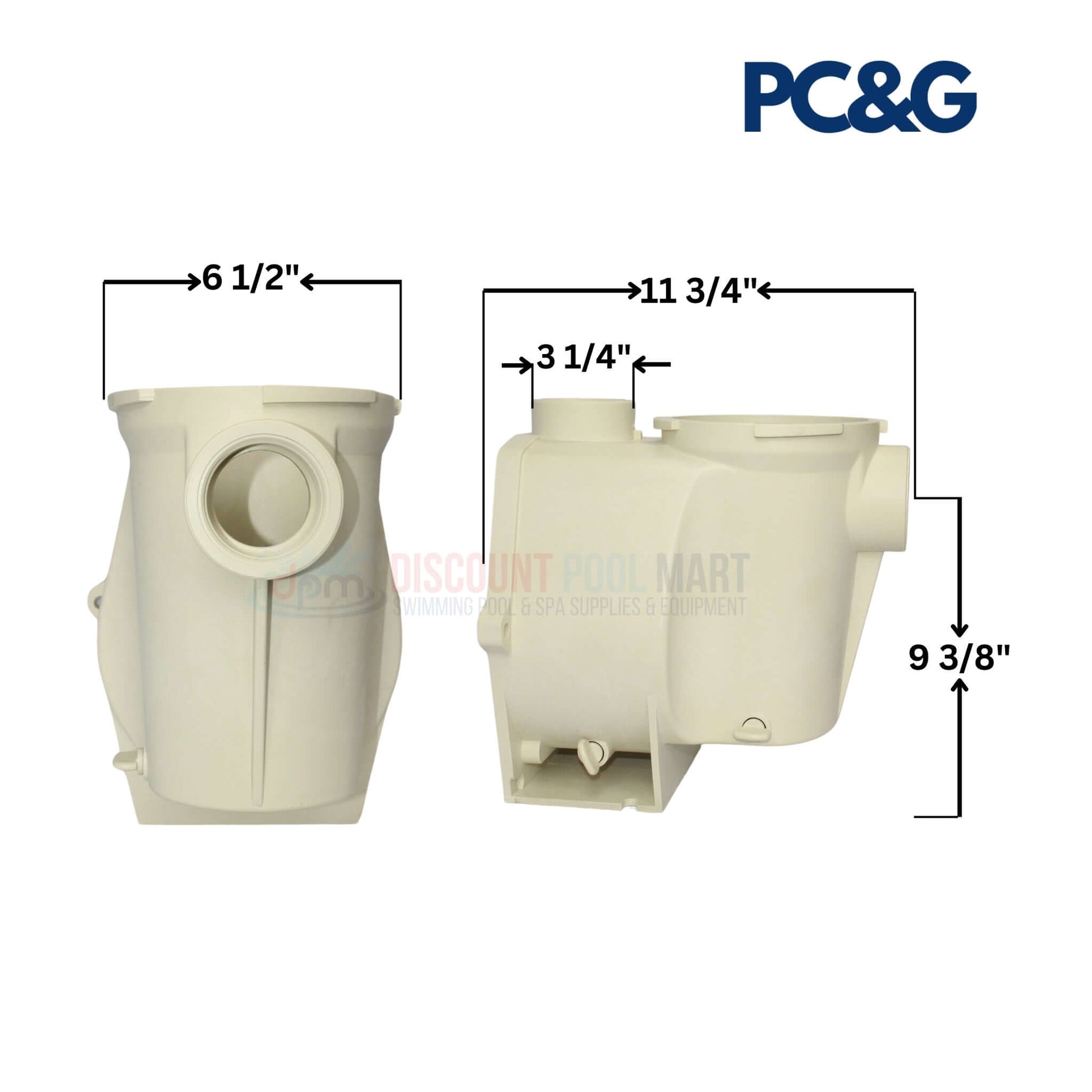 PCG Wet End Volute Pot Kit dimensions for 2HP WhisperFlo Pumps at Discount Pool Mart DPM, measures 6.5 x 11.75 x 9.375 inches.