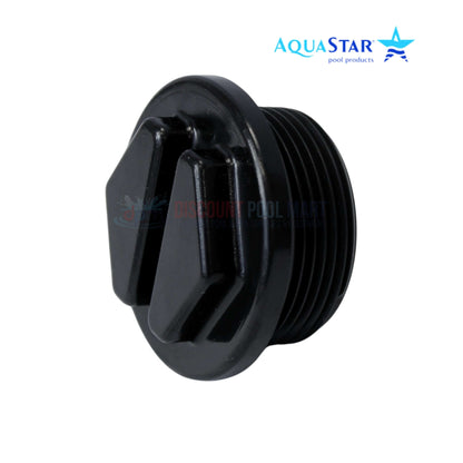 AquaStar PF2016 Drain Plug showing top view, black color, designed for leak-proof seal in pool maintenance, from Discount Pool Mart.