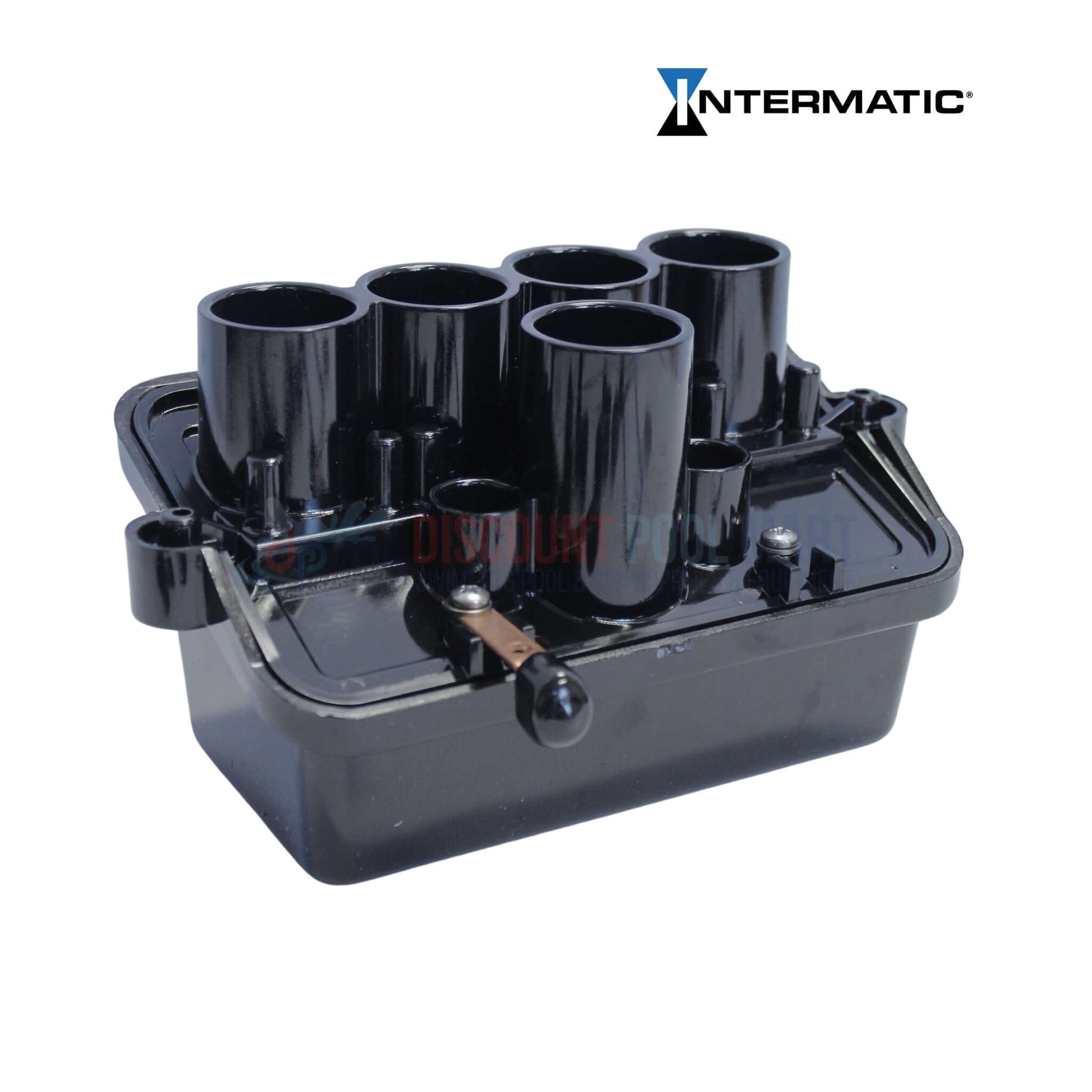 PJB4175 | Intermatic Pool & Spa 4 Light Junction Box with multiple conduit entries, durable black PVC for wiring connections.