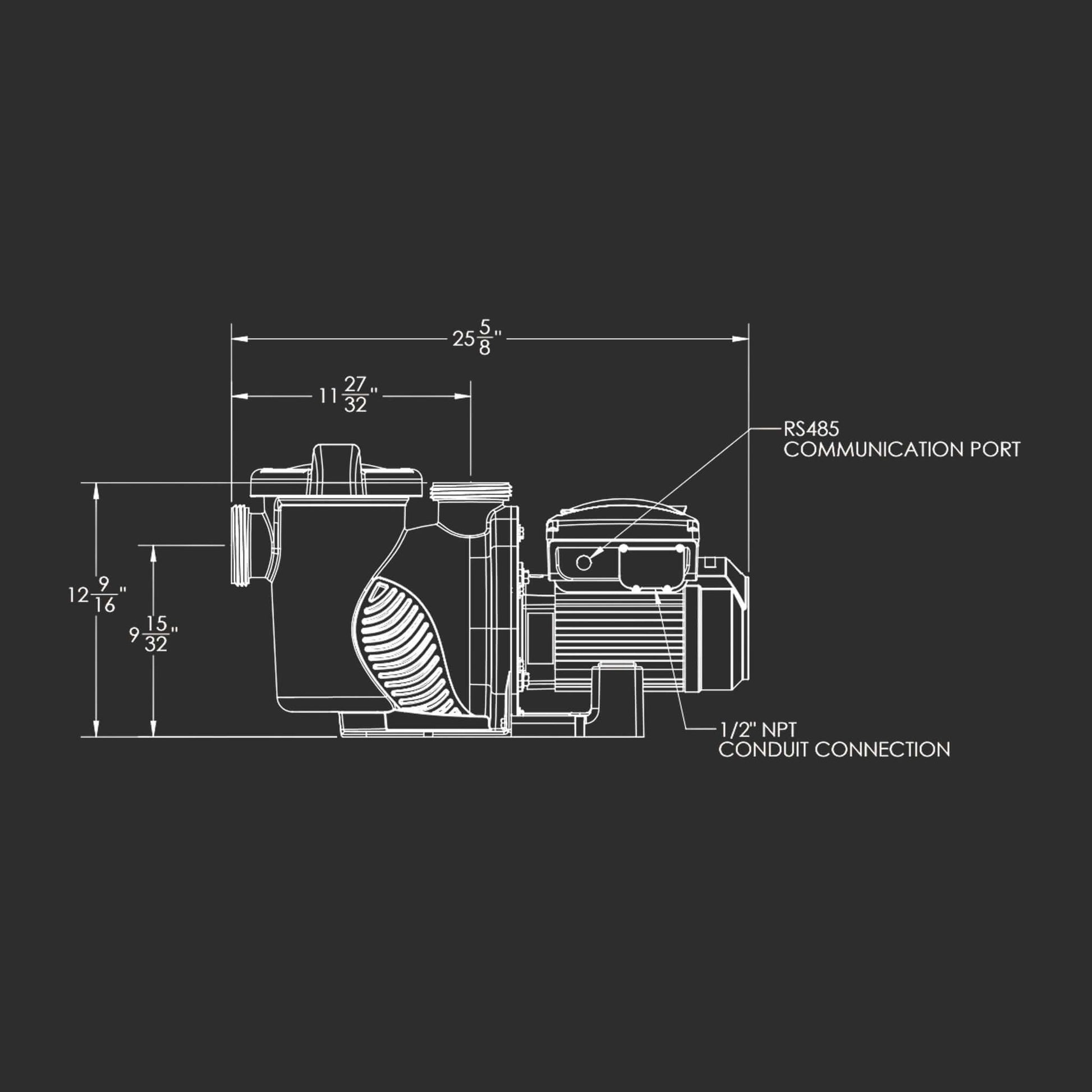 AquaStar PLP300S Smart Pipeline Pool Pump technical drawing showing dimensions, RS485 port, and conduit connection for pool supplies.