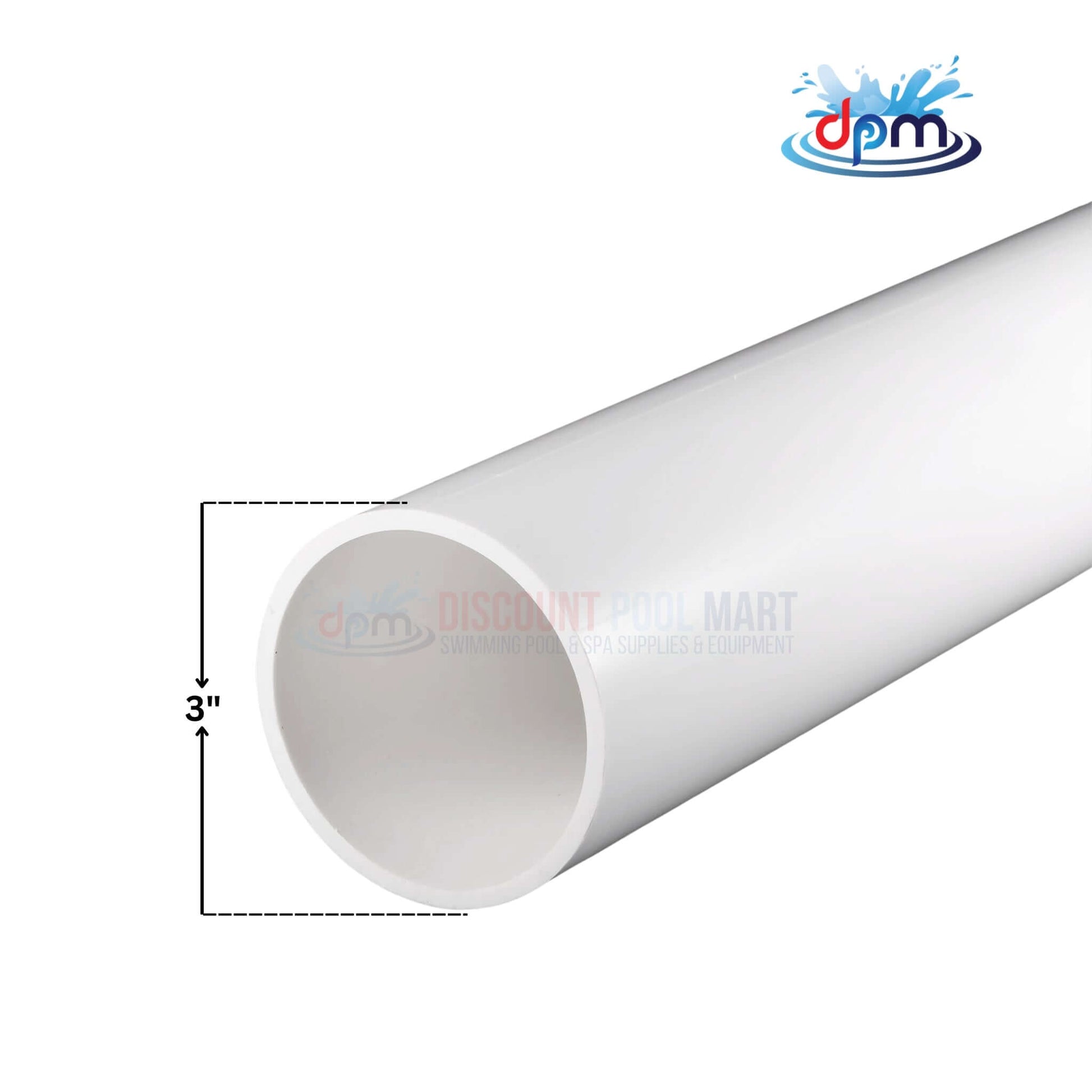 Schedule 40 PVC pipe, 3-inch diameter, white, durable for plumbing and irrigation from Discount Pool Mart (DPM).