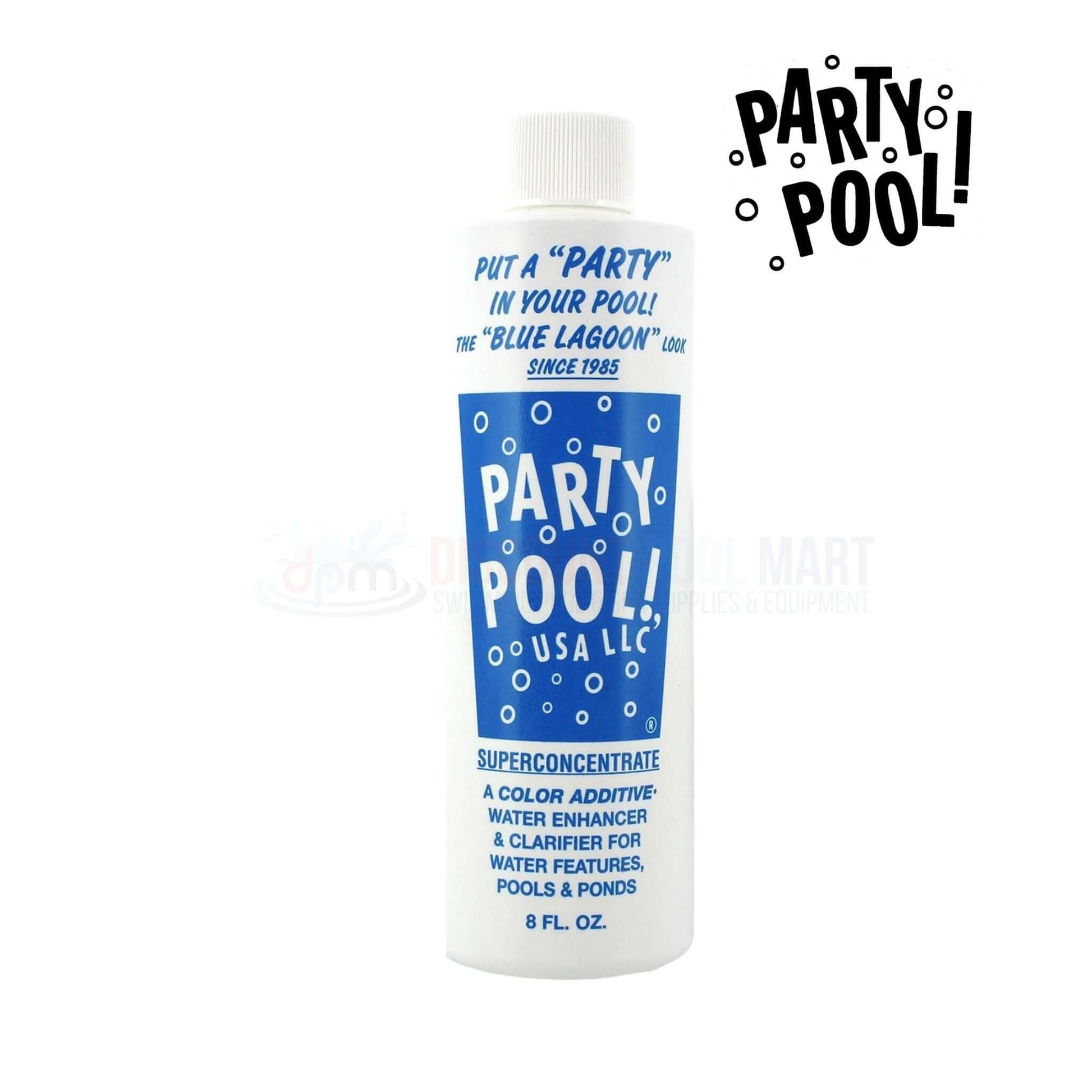 Party Pool | Pool Color Additive Blue Lagoon | 47016-00008, 8 fl. oz bottle, ideal for vibrant pool water, from Discount Pool Mart.