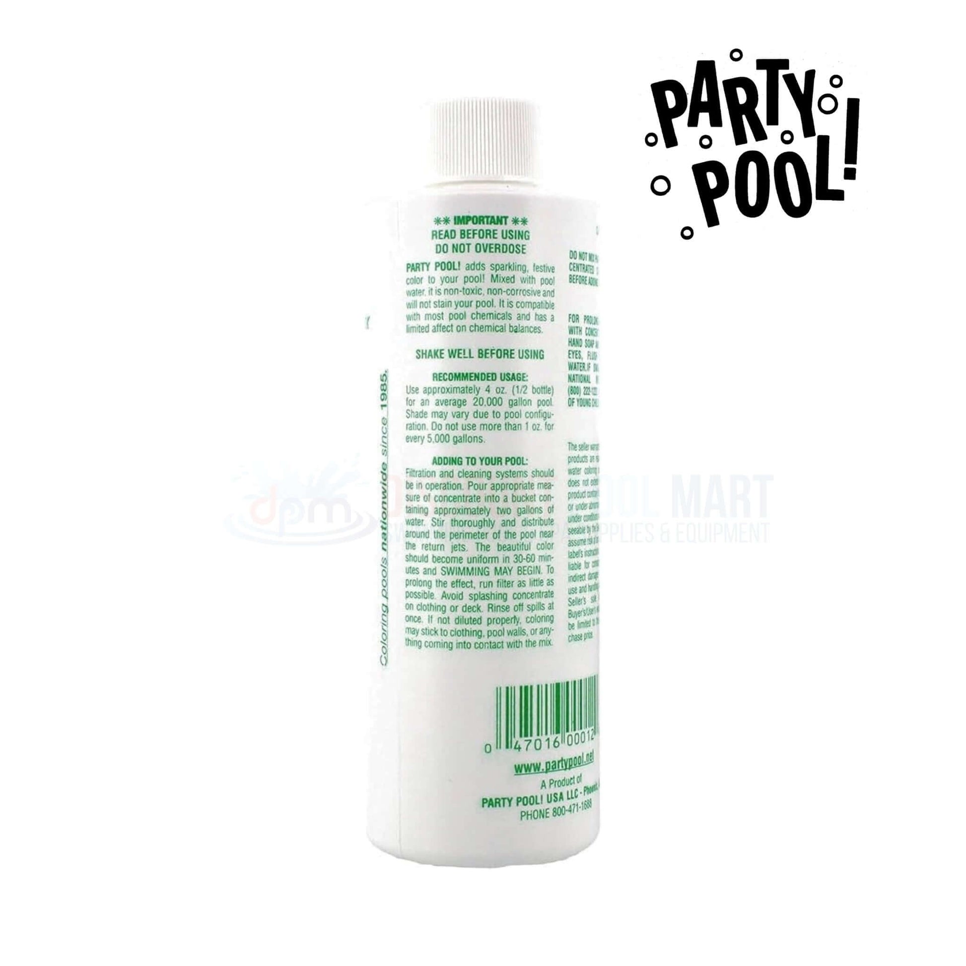 Party Pool | Pool Color Additive Emerald Green | 47016-00012 bottle showing instructions, DPM branding, designed for pool water coloring.