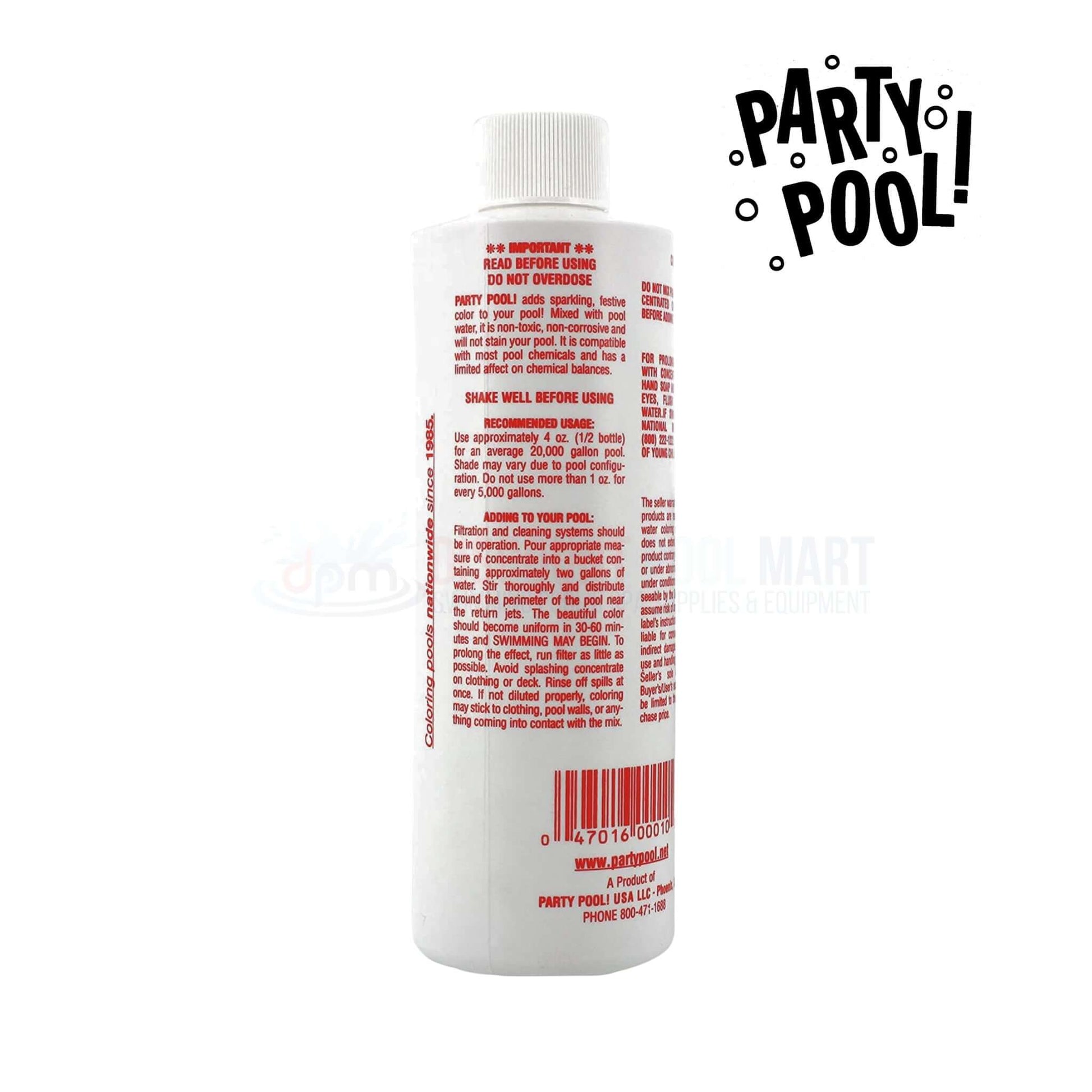 Party Pool | Pool Color Additive Rockin Red | 47016-00010 bottle with red label, safe pool dye for themed parties by Discount Pool Mart.