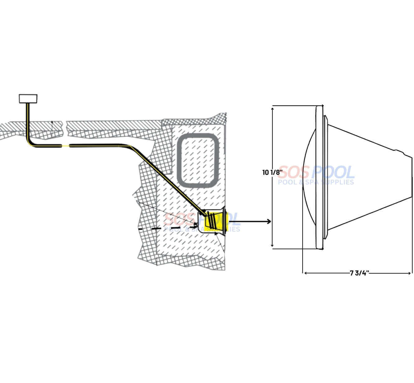 Diagram of Pentair Amerlite Incandescent Pool Light installation; dimensions of 10 1/8" and 7 3/4" with flexible cord layout.