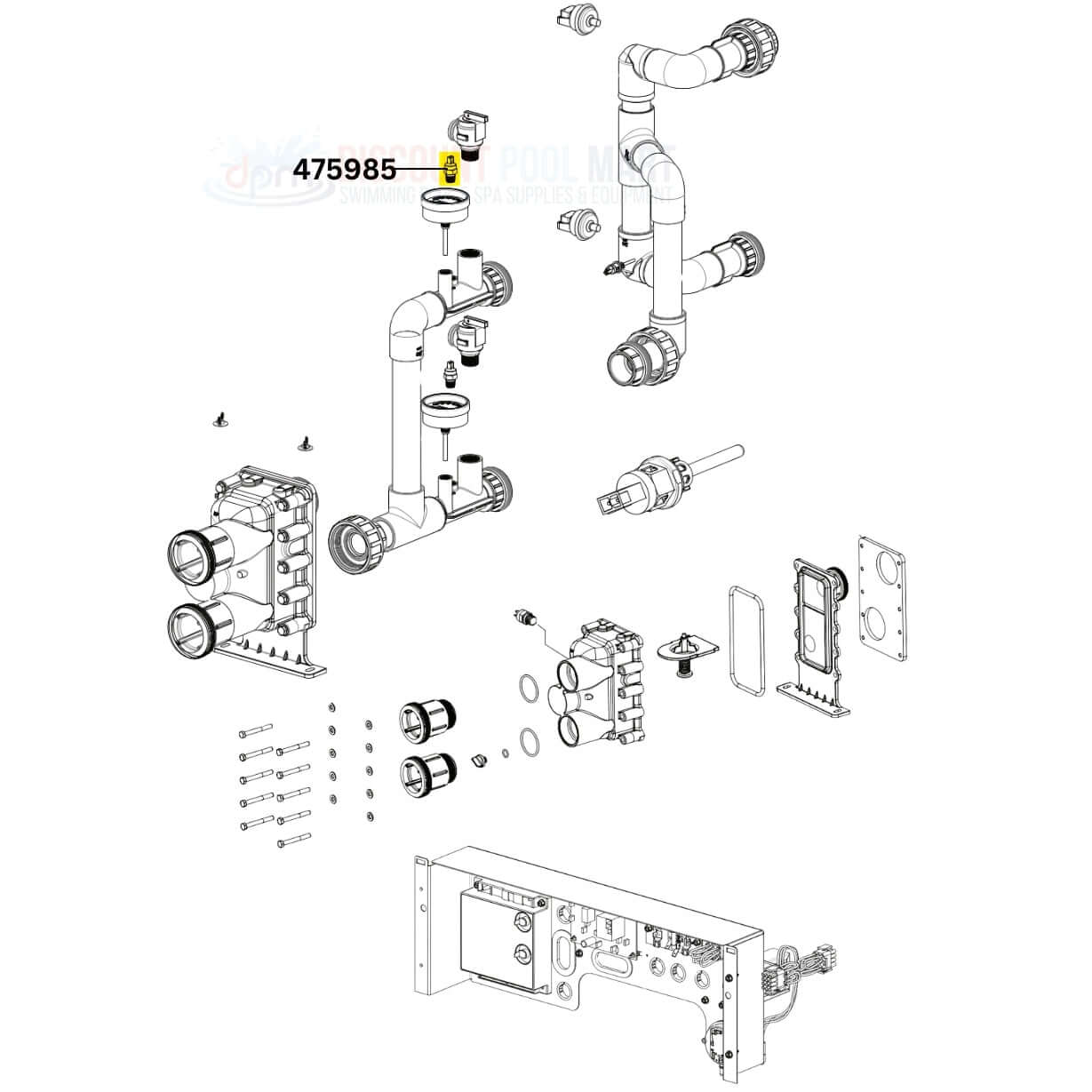 Diagram of Pentair Automatic Gas Shut Off Switch assembly for ETI 400 heaters, part 475985 from Discount Pool Mart DPM.