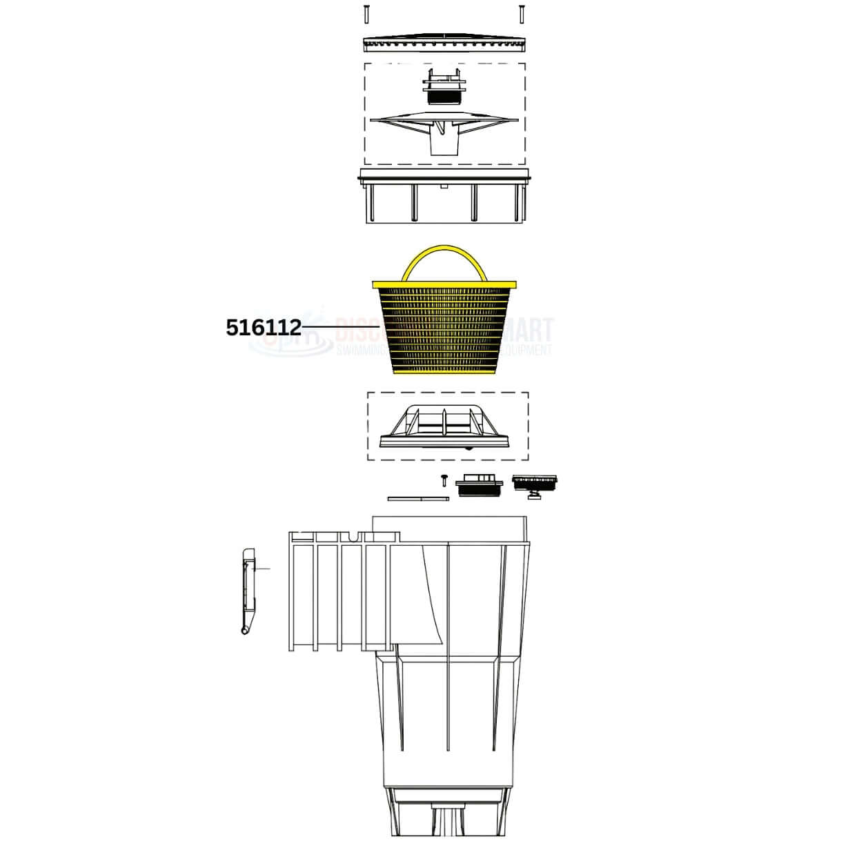 Pentair 516112Z Skimmer Basket with Handle diagram for Bermuda skimmers - Discount Pool Mart DPM