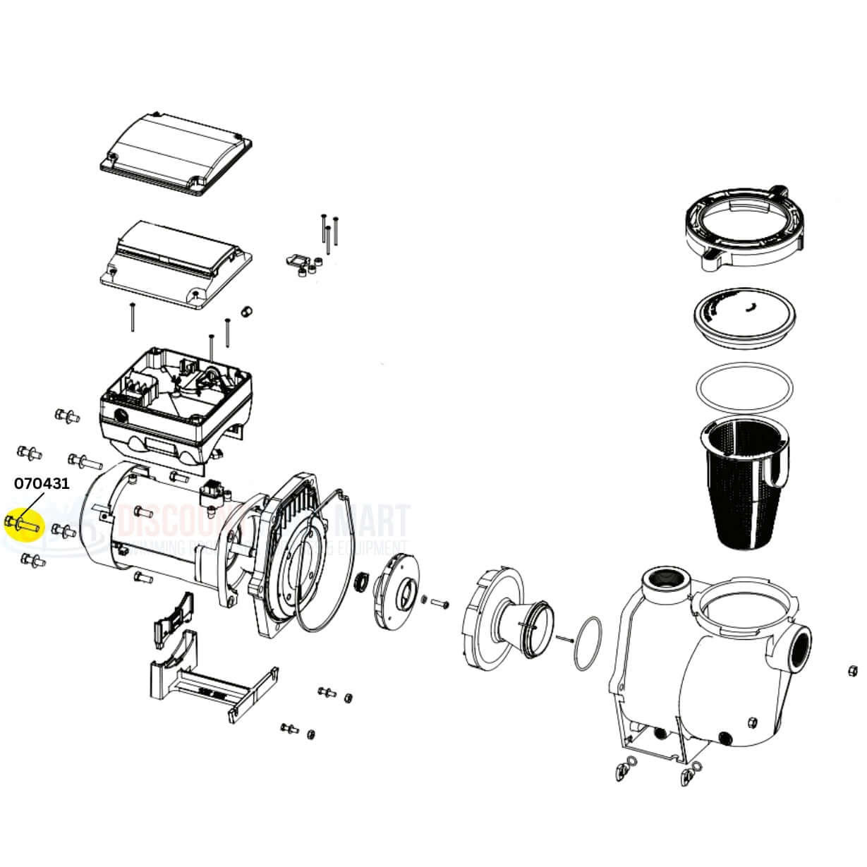 Pentair pump assembly diagram featuring hex cap bolt 070431. Discount Pool Mart DPM for WhisperFlo and Intelliflo systems.