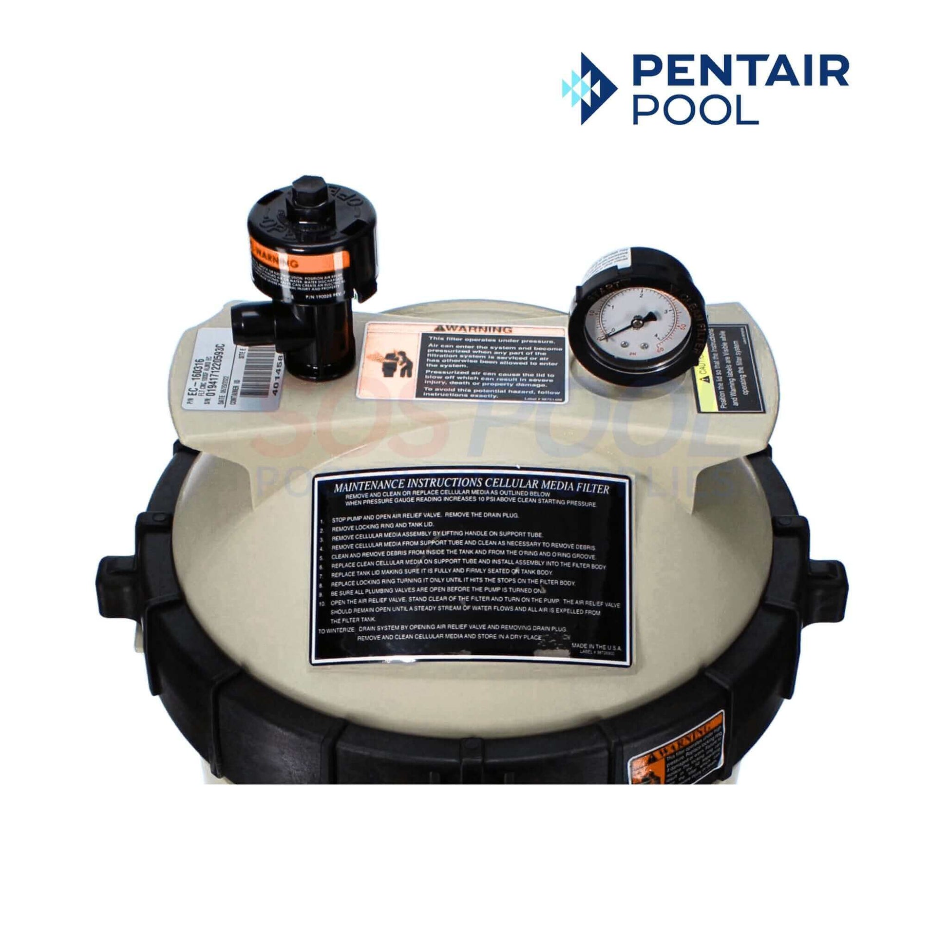Pentair Clean & Clear Cartridge Filter top view with maintenance instructions; effective for clean pool water by SOS Pool.