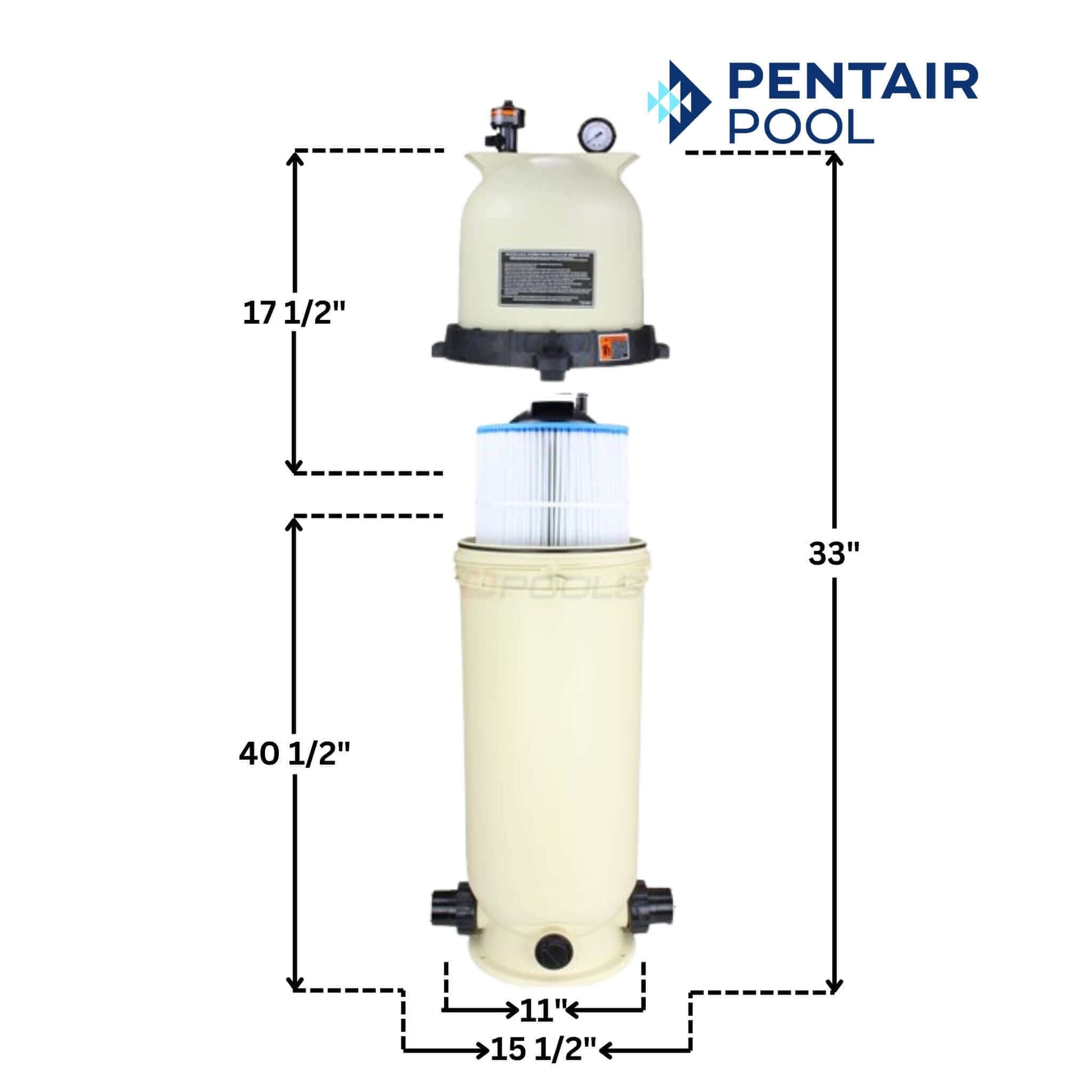Pentair Clean & Clear Cartridge Filter 100 sq ft dimensions 33" high, durable design for SOS Pool water clarity.