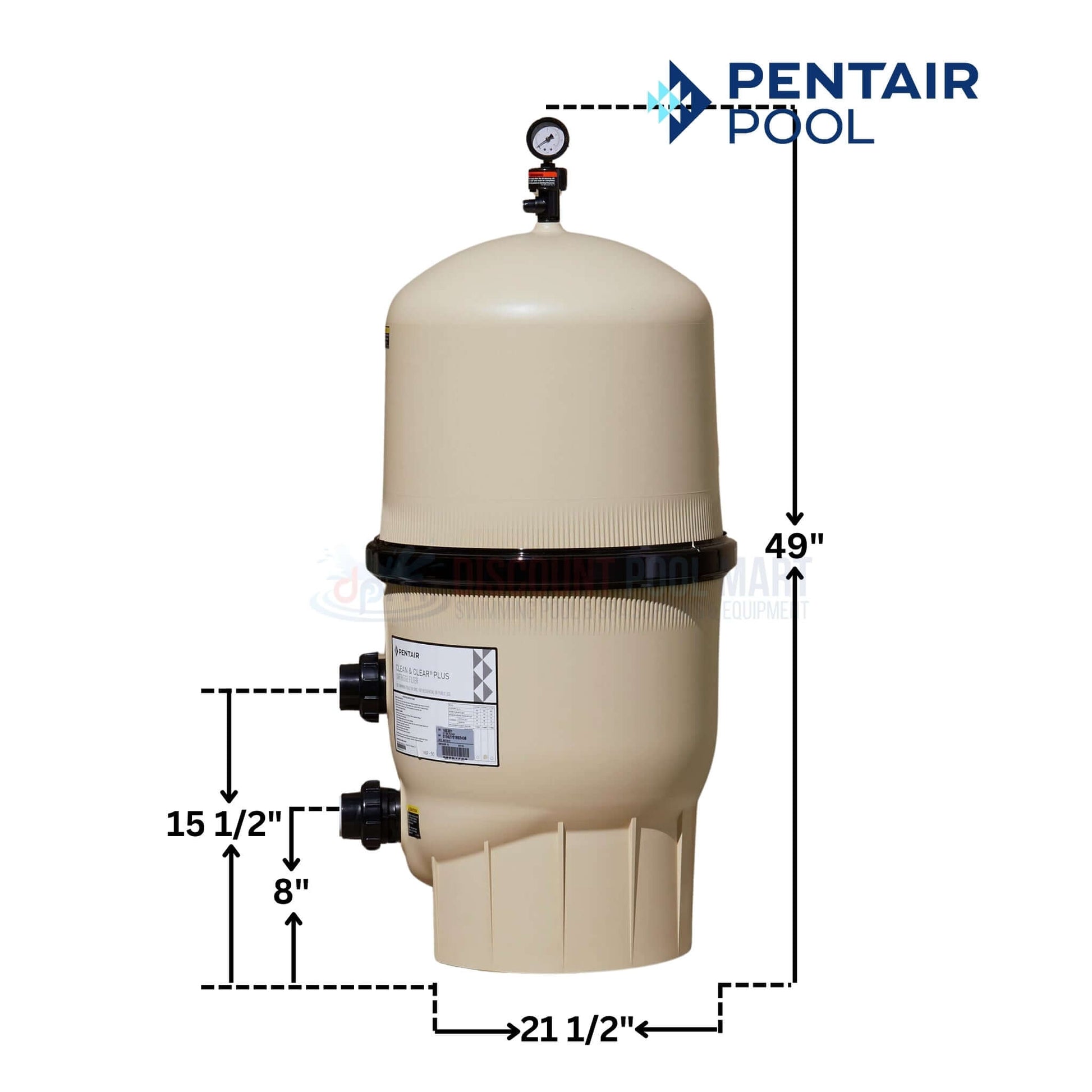 Pentair Clean & Clear Plus Cartridge Filter 420 sq ft from Discount Pool Mart DPM, featuring dimensions and clear water filtration.
