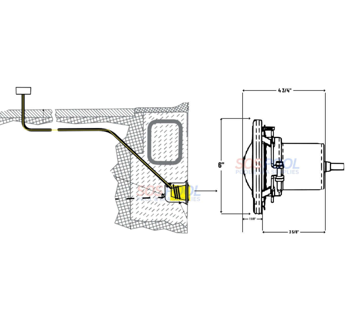 Technical diagram showing installation of Pentair Color LED Small Spa Light with dimensions and wiring details.