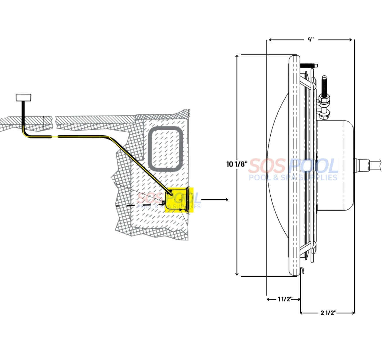 Pentair IntelliBrite 5G Color LED Pool Light diagram showing dimensions, installation for SOS Pool lighting solutions.