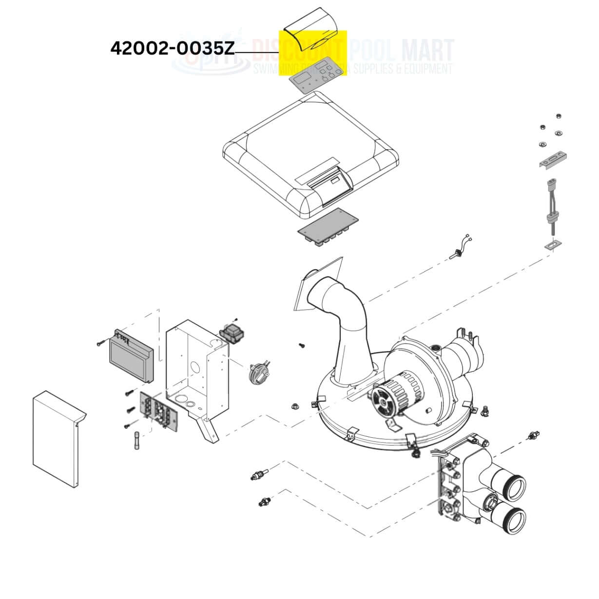 Exploded view of Pentair Display Cover 42002-0035Z included in Discount Pool Mart DPM catalog for MasterTemp Heaters.