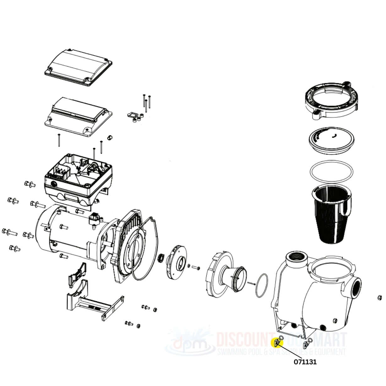 Exploded view diagram of Pentair WhisperFlo pump parts, including drain plug, from Discount Pool Mart DPM, model 071131.