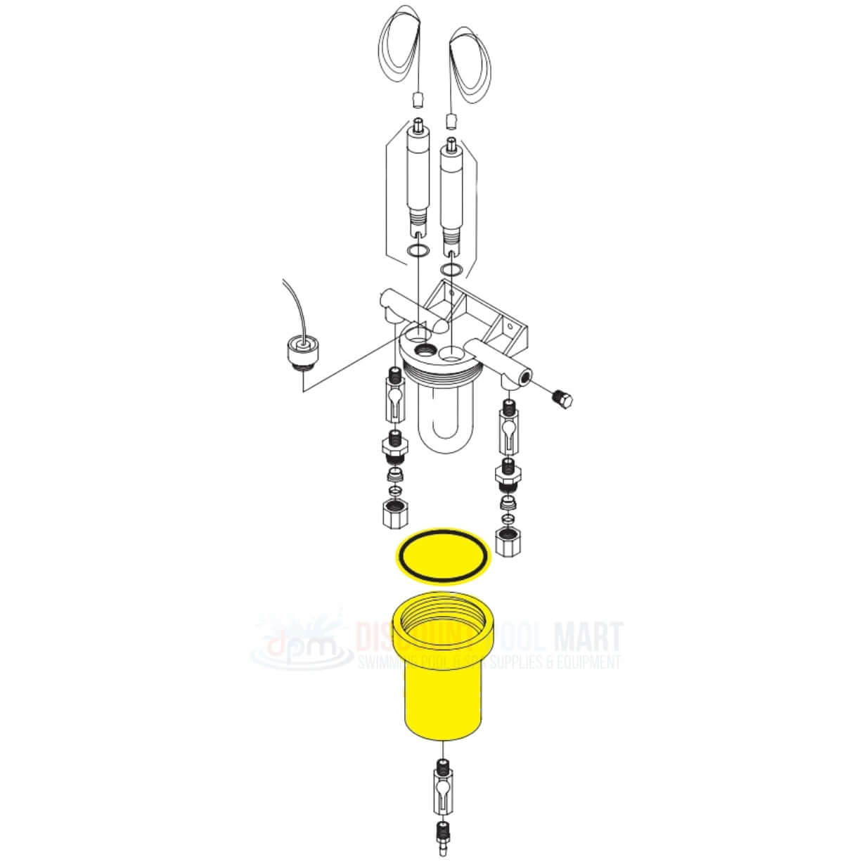Exploded view of Pentair Flow Cell Jar 754000340 components for AK1200 IntelliChem from Discount Pool Mart DPM.