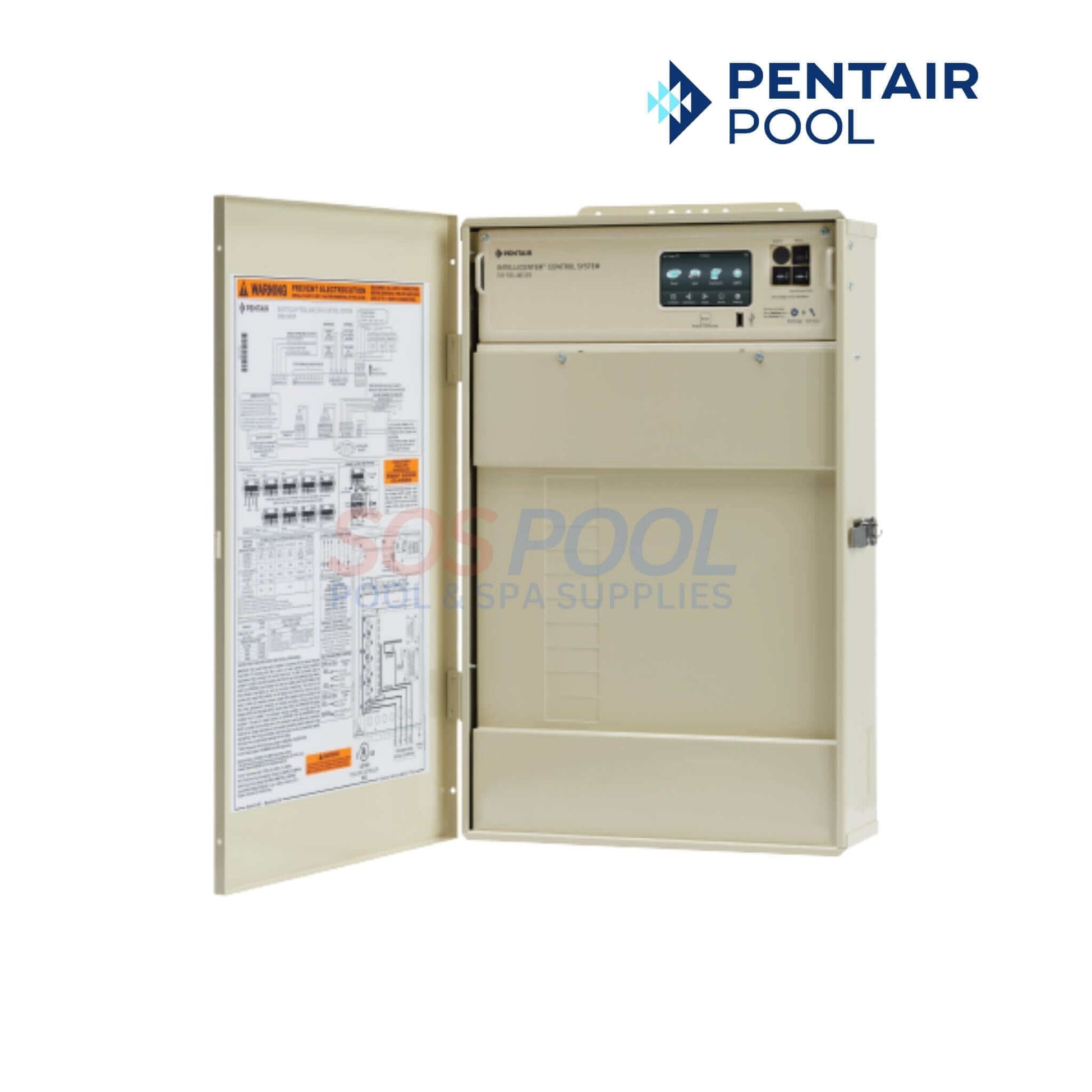 Pentair IntelliCenter i8PS Control System With ICL Plus40 | 523961, opened control panel showcasing layout and digital interface for pool automation.