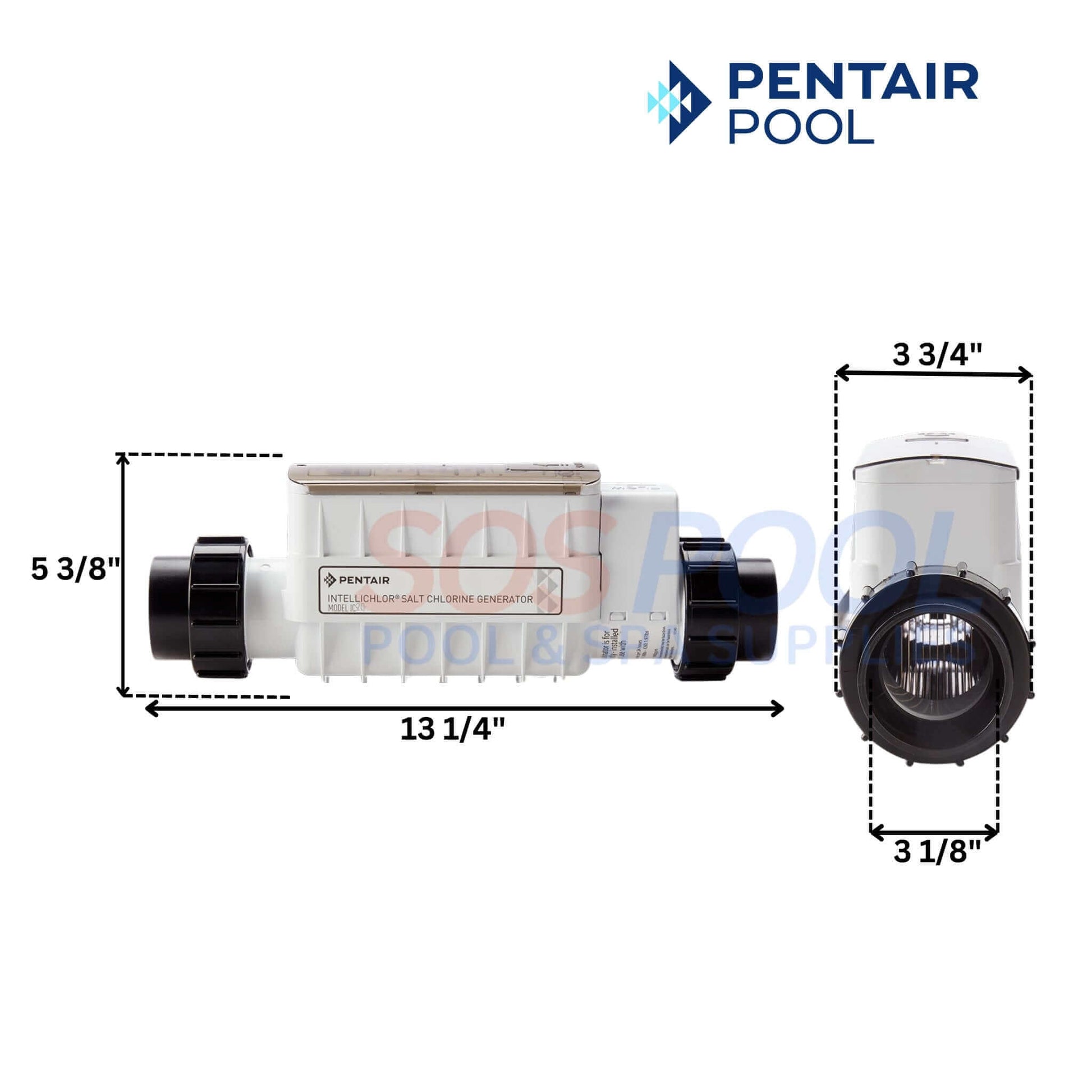 Pentair IntelliChlor IC20 Cell Salt Chlorine Generator by SOS Pool, showcasing dimensions and design features.