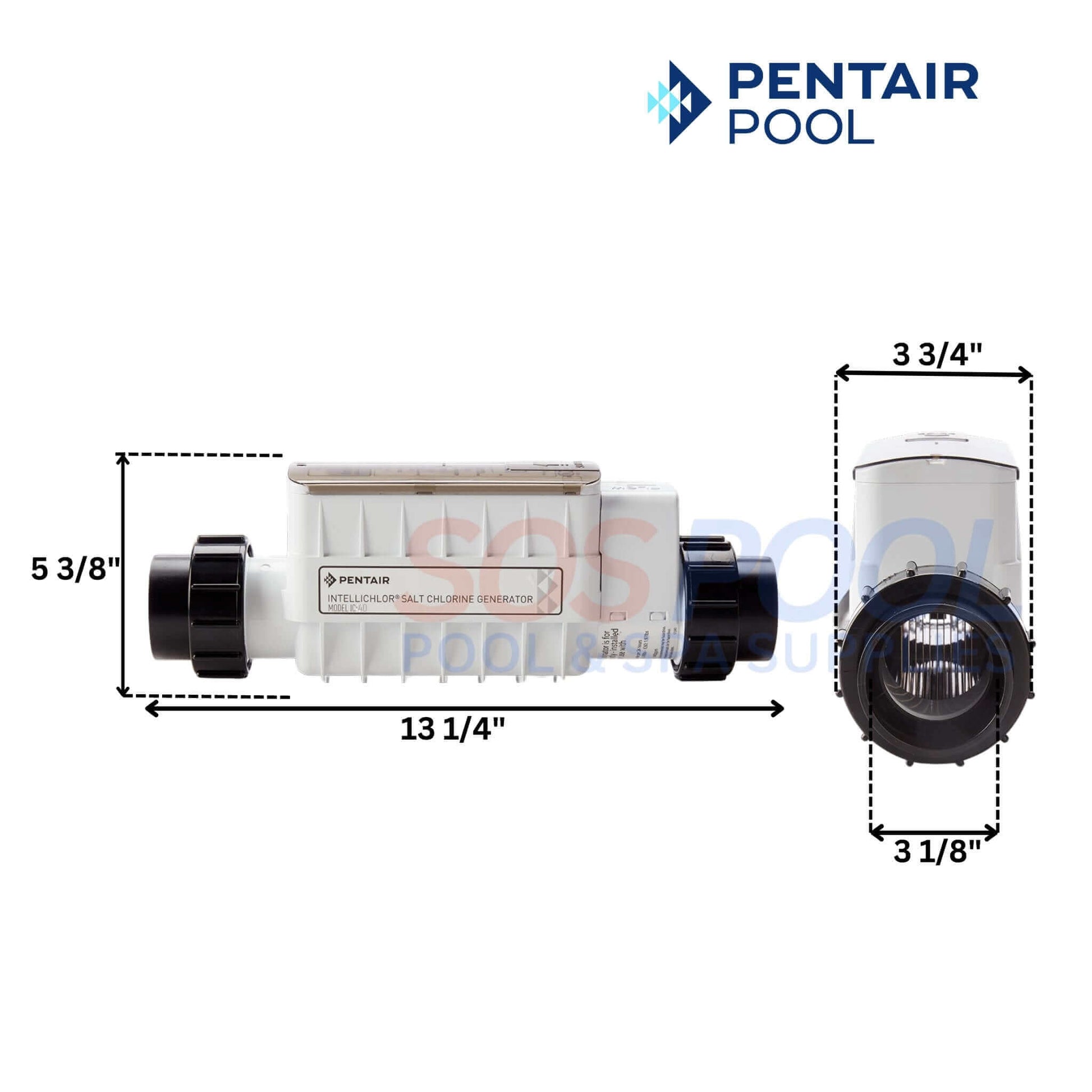 Pentair IntelliChlor IC40 Cell Salt Chlorine Generator dimensions with SOS Pool branding visible.