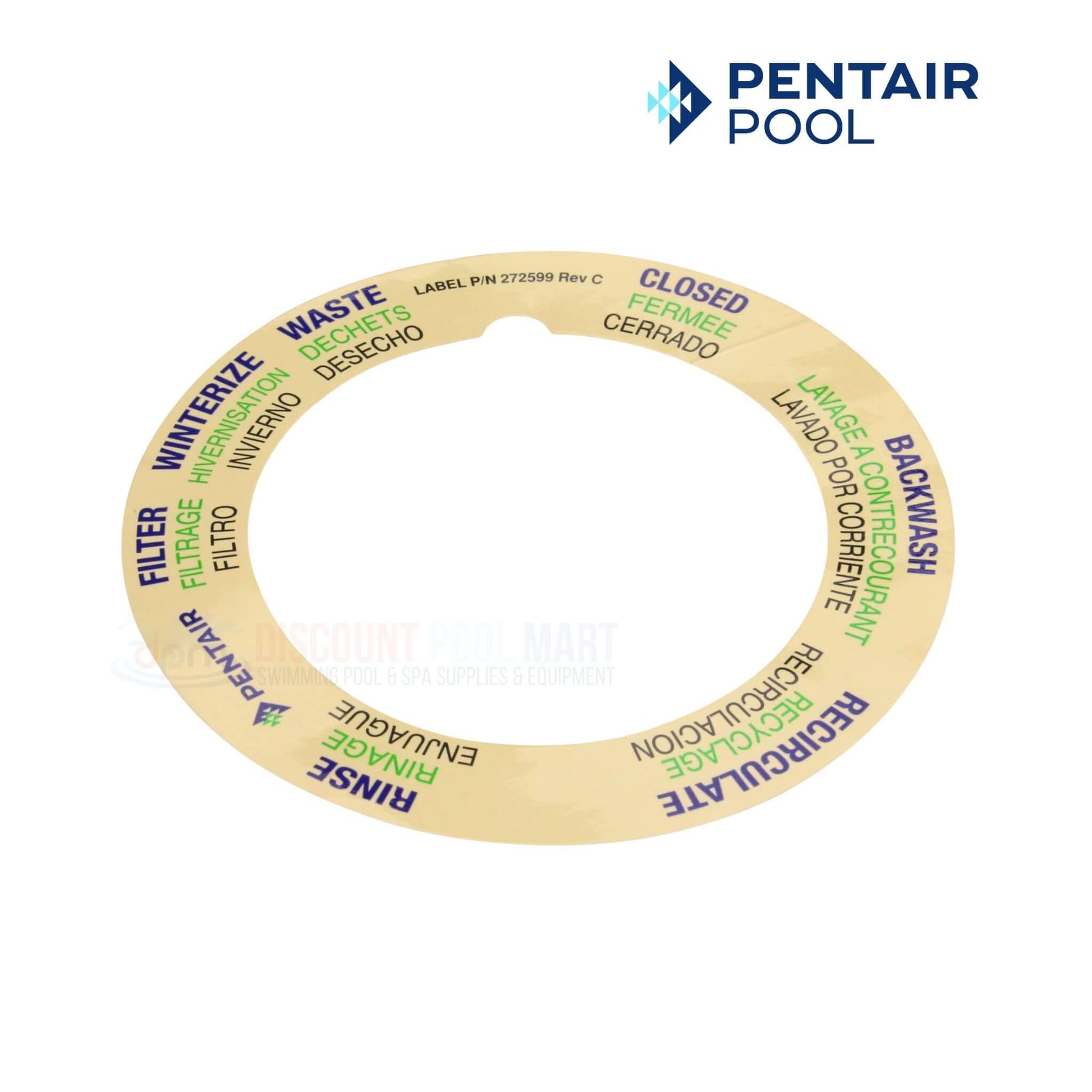 Pentair Top-Mount Valve Label 272599Z in beige with color-coded flow settings, available at Discount Pool Mart for efficient pool management.