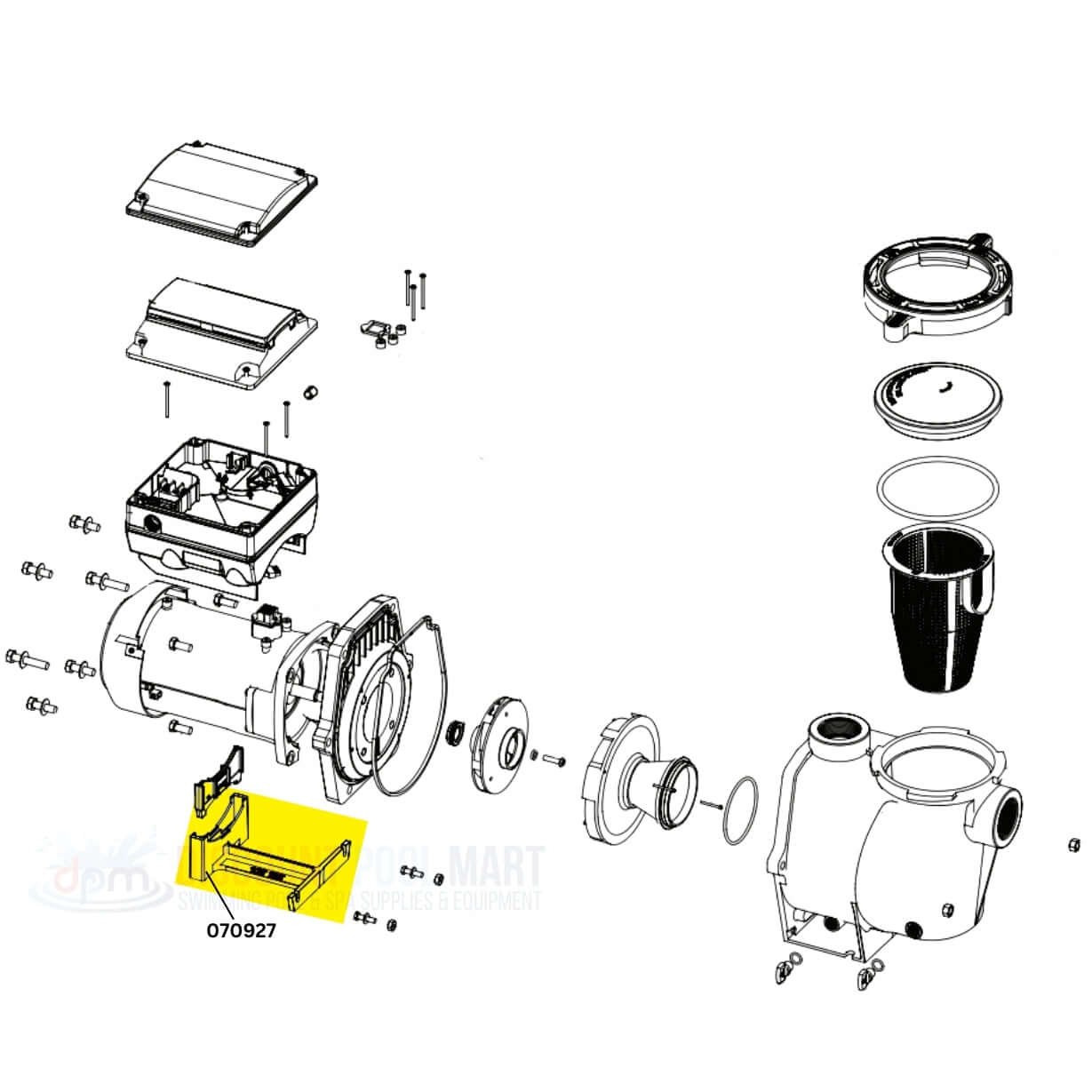 Pentair motor support foot for Whisperflo/Intelliflo pumps, model 070927, from Discount Pool Mart DPM, detailed parts diagram.