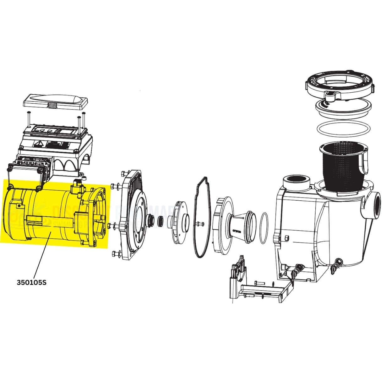 Pentair IntelliFlo replacement motor diagram highlighting 350105S parts from Discount Pool Mart DPM.