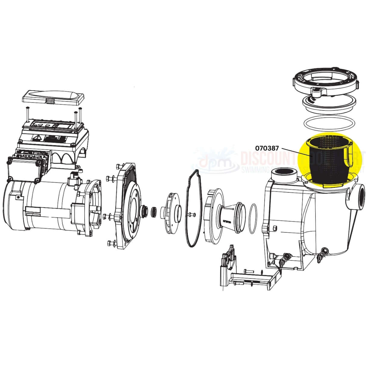 Pentair Pump Basket 070387 diagram for Whisperflo and Intelliflo pumps from Discount Pool Mart DPM, essential for debris capture.