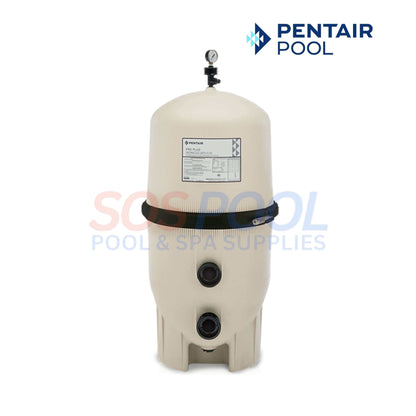Pentair Quad DE 100 Sq Ft Cartridge Pool Filter | EC-188594 beige filter tank with pressure gauge for pool maintenance.