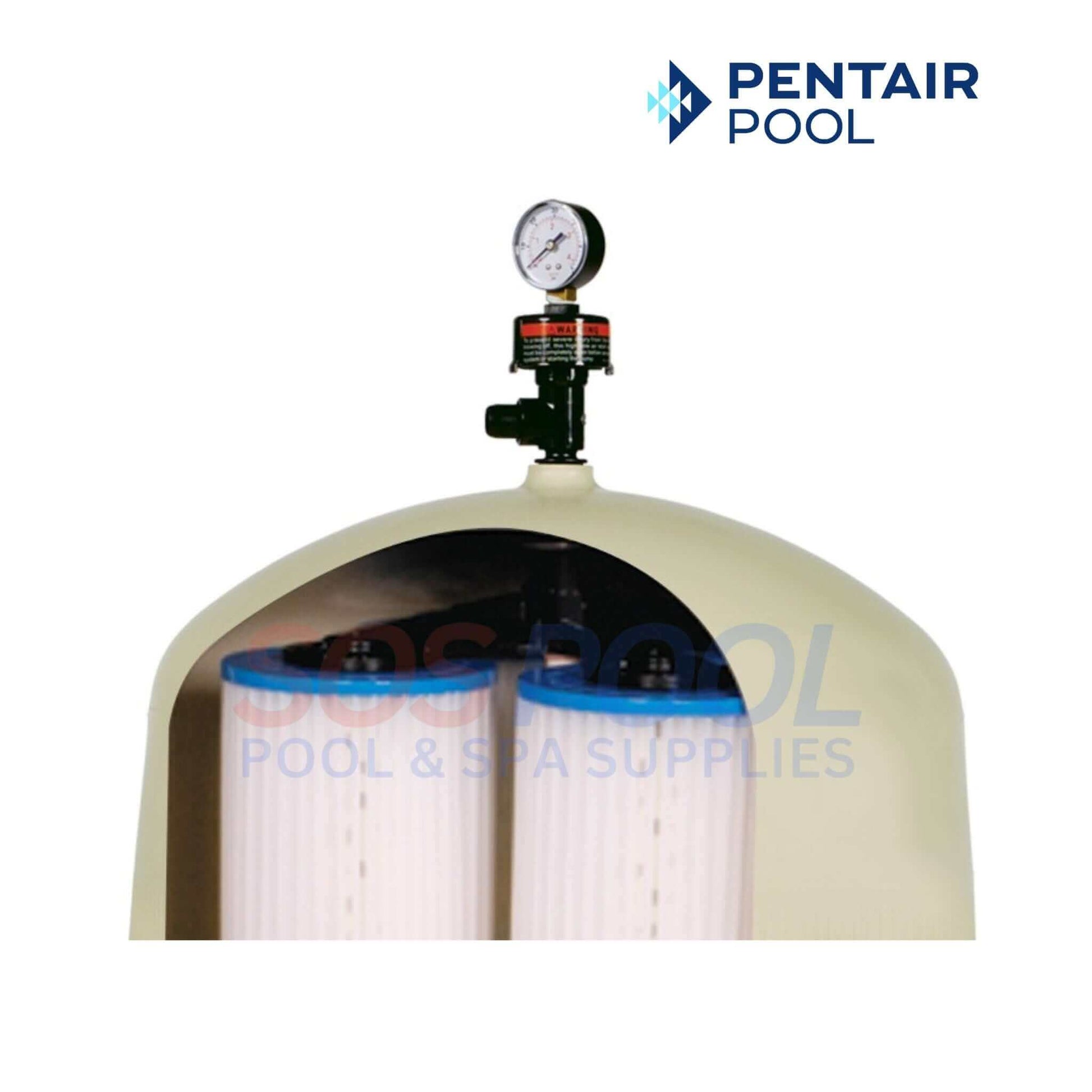 Pentair Quad DE Cartridge Style Filter showing pressure gauge, designed for 80 sq ft filtration, SOS Pool.