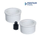 Pentair Pool replacement parts, two white fittings and a black connector for pool maintenance and installation.