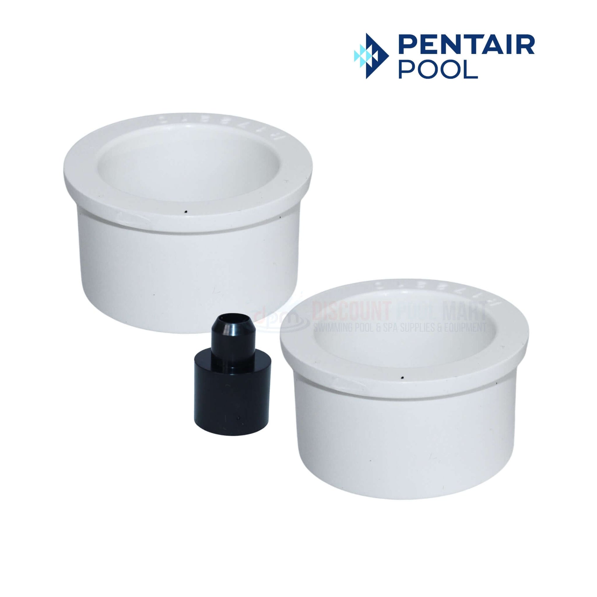 Pentair Pool replacement parts, two white fittings and a black connector for pool maintenance and installation.