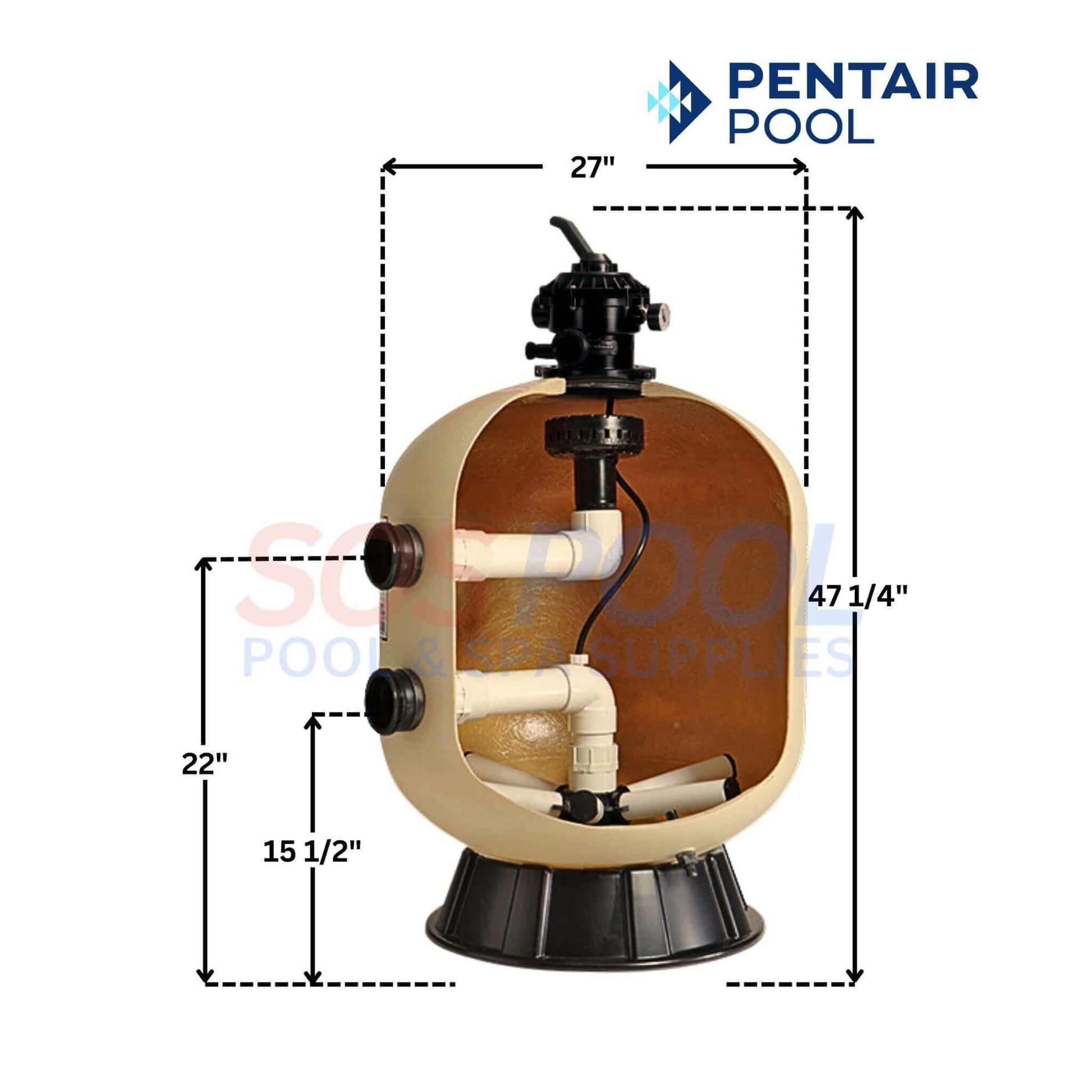 Pentair Sand Dollar Top Mount Filter with 6-function valve, 3.5 sq ft filtration system by SOS Pool, dimensions included.