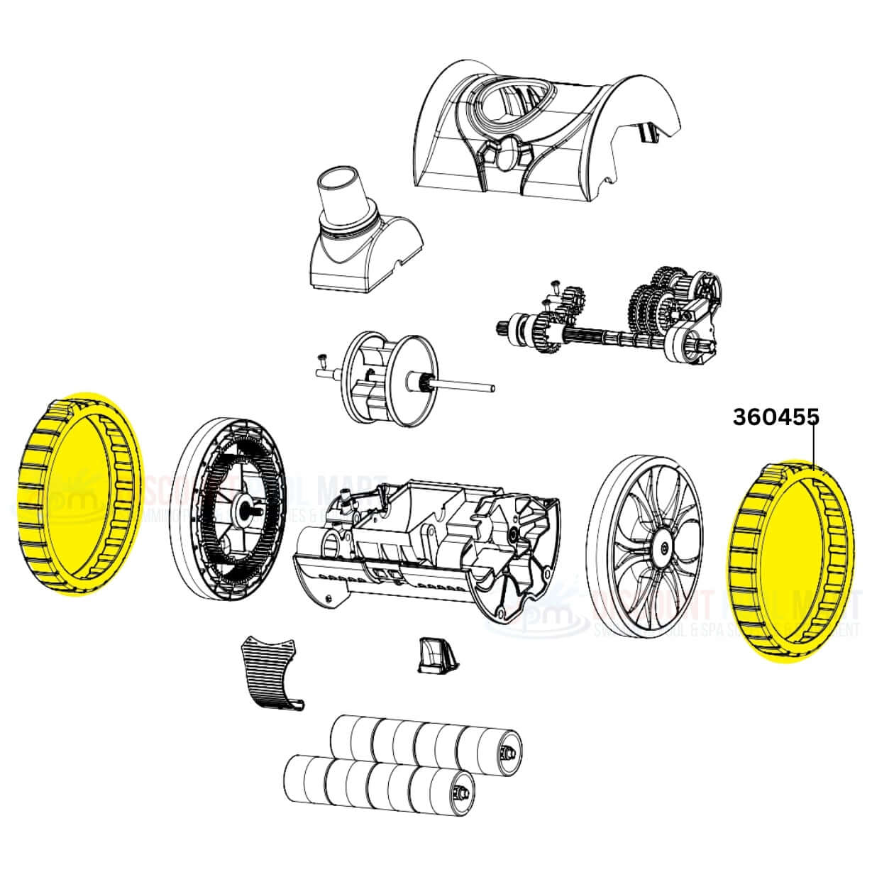 Exploded view of Pentair Tires for Lil Rebel Cleaners 360455, featuring OEM parts for efficient pool cleaner operation from Discount Pool Mart DPM.