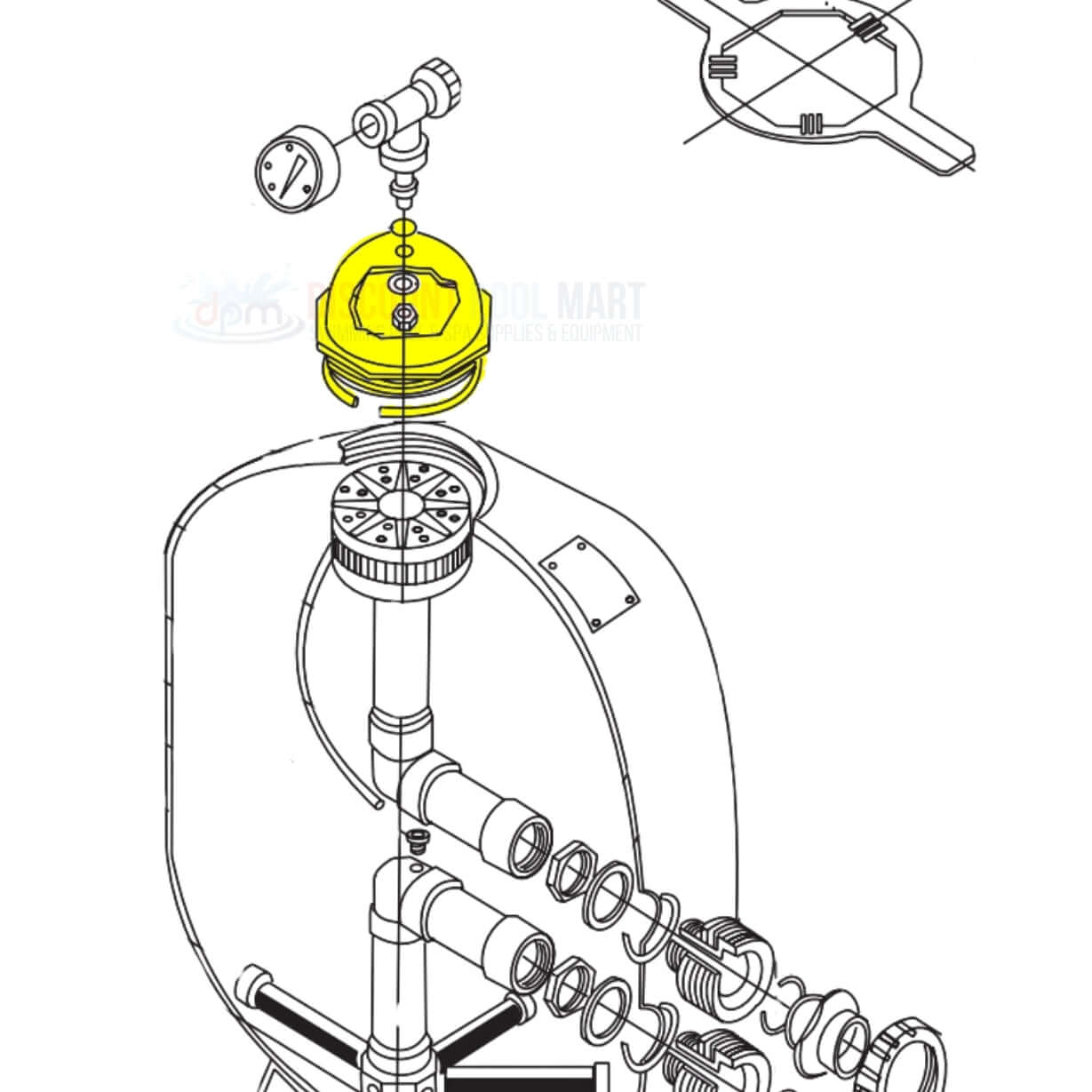 Pentair V Threaded Closure 154559 installation diagram with DPM logo. 6-inch tan closure for Triton II filters.