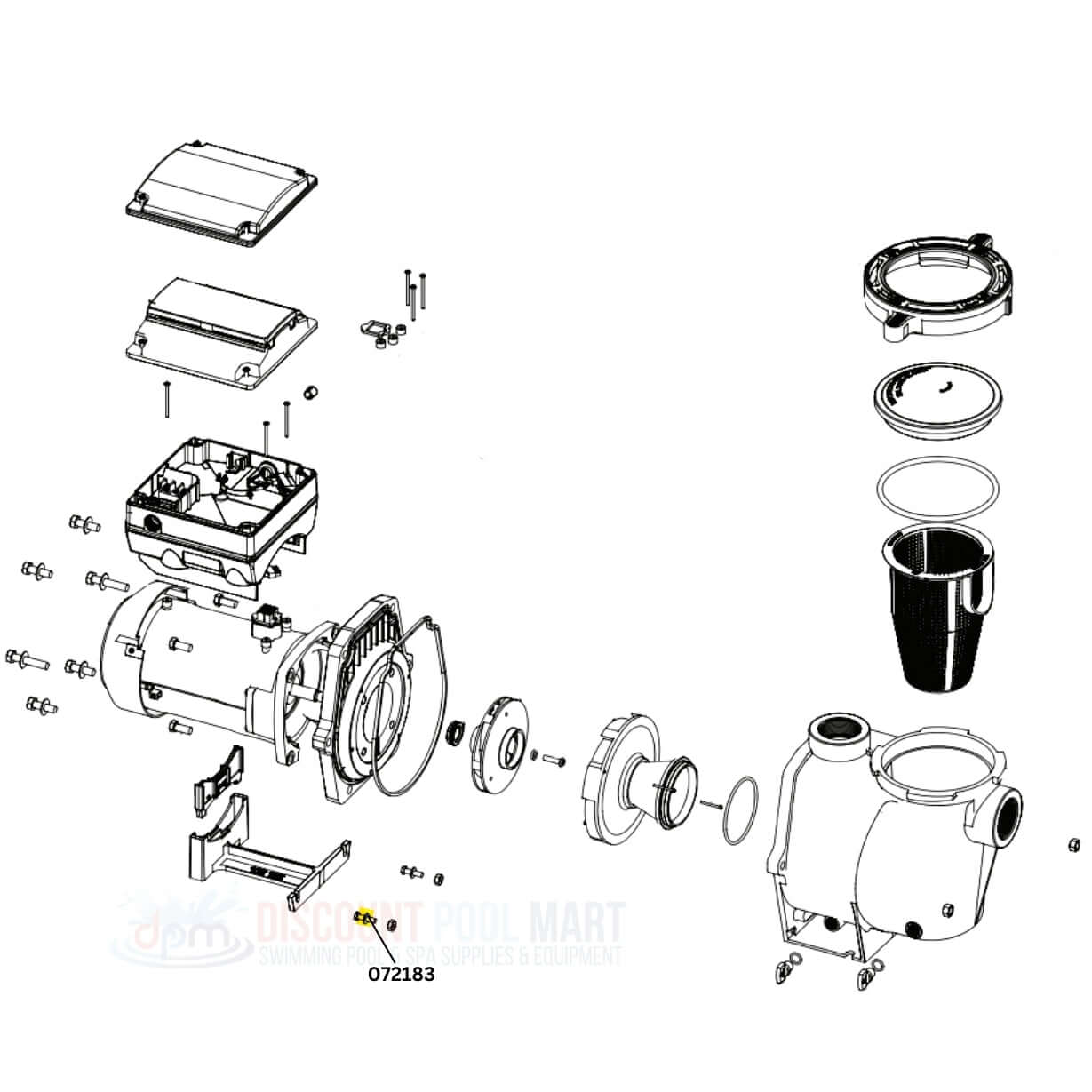 Exploded view of Pentair Whisperflo and Intelliflo pump parts, featuring stainless steel washer 072183. Discount Pool Mart DPM.