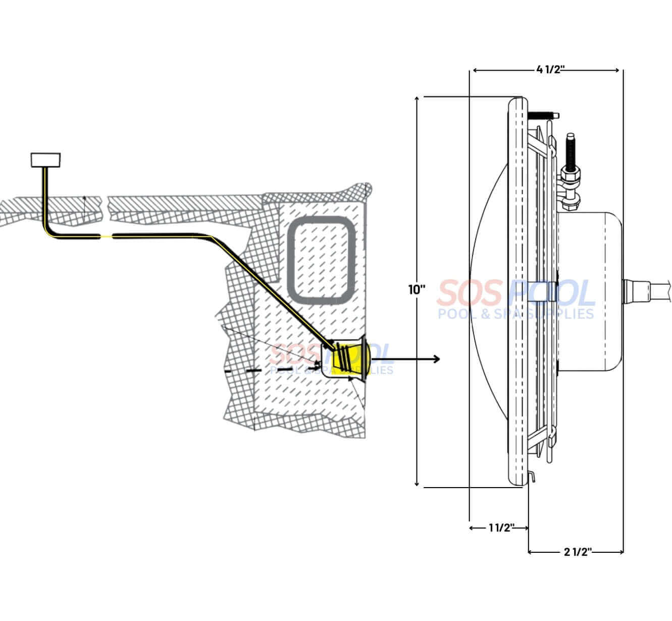 Pentair IntelliBrite 5G White LED Pool Light installation diagram by SOS Pool, showcasing dimensions and design features.