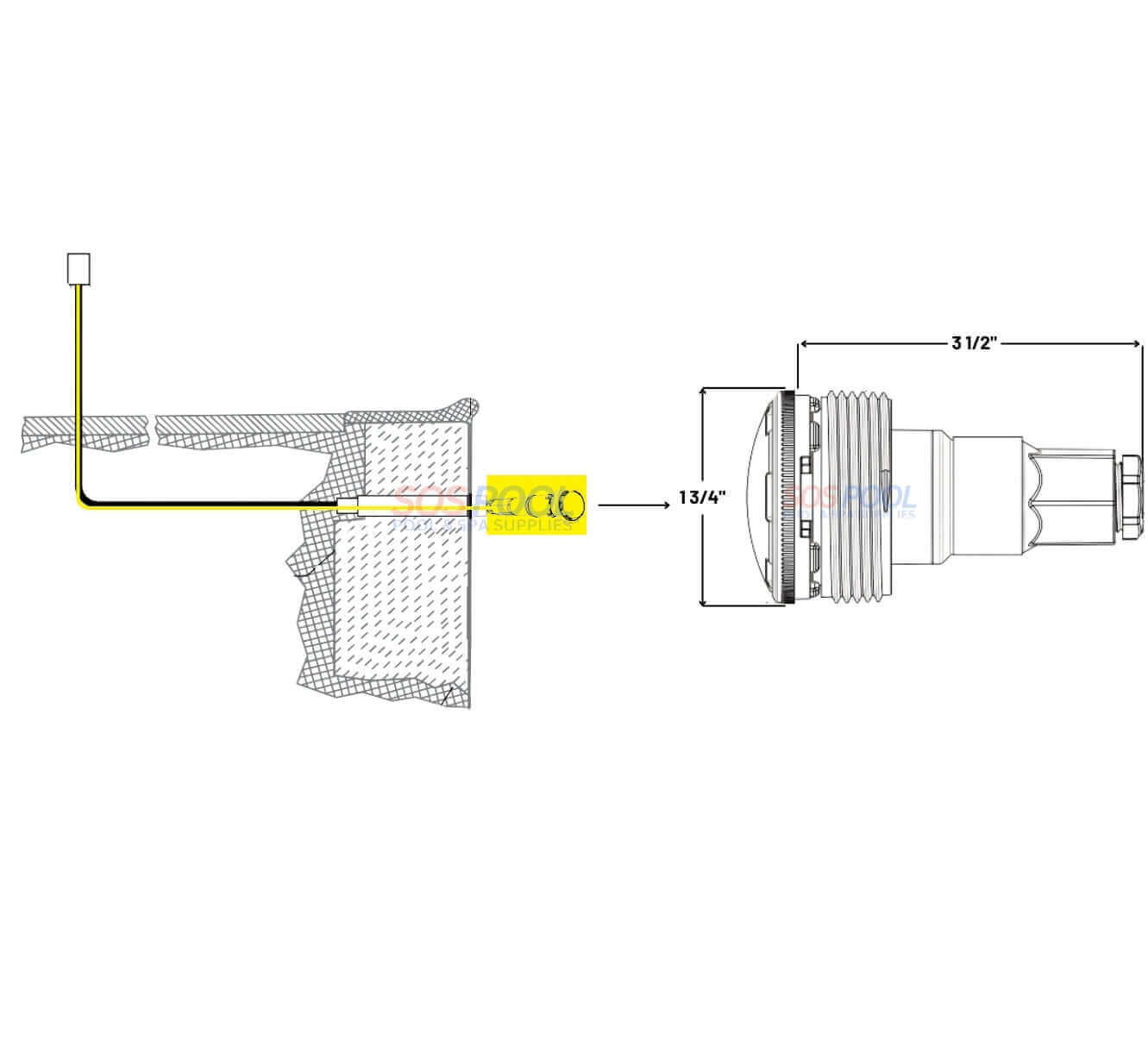 Diagram of Pentair MicroBrite Nicheless LED Spa Light installation with measurements for proper setup.