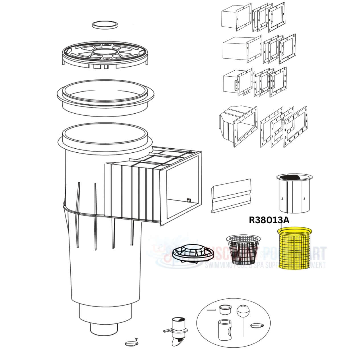 Pentair Admiral Floating Weir Skimmer Basket R38013A diagram, designed for efficient debris collection | Discount Pool Mart DPM