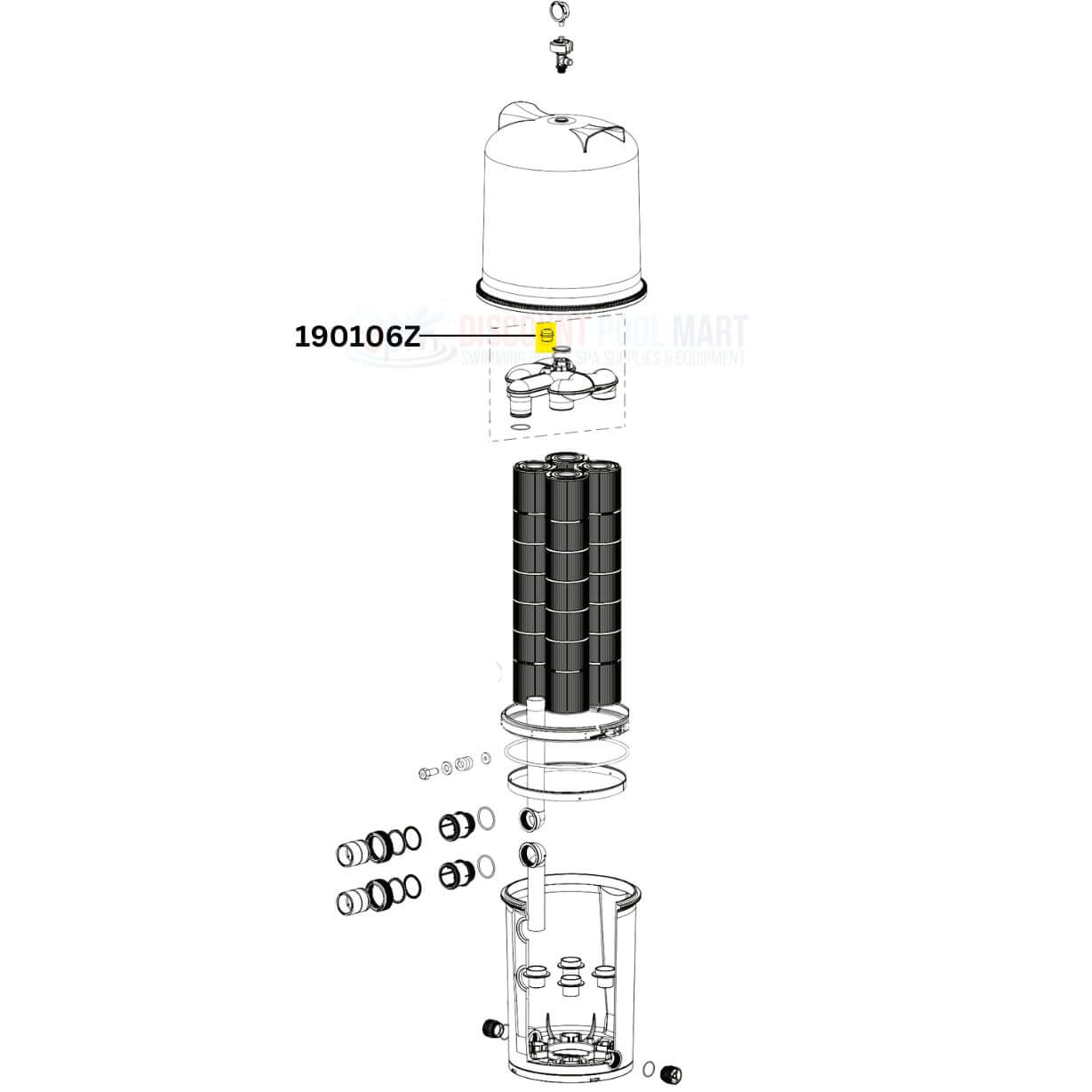 Pentair Air Bleeder Screen Cap 190106Z exploded view for Clean & Clear Plus, EasyClean, Quad D.E Filters by Discount Pool Mart.