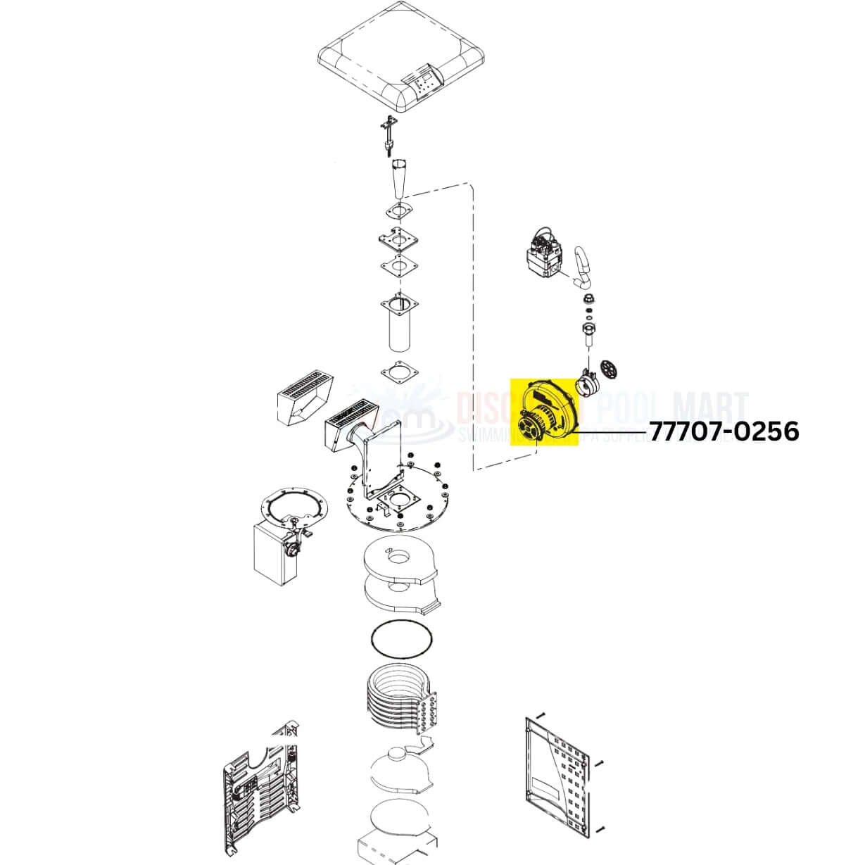 Pentair Air Combustion Blower assembly diagram for Mastertemp 400 propane heaters | 77707-0256 | Discount Pool Mart DPM
