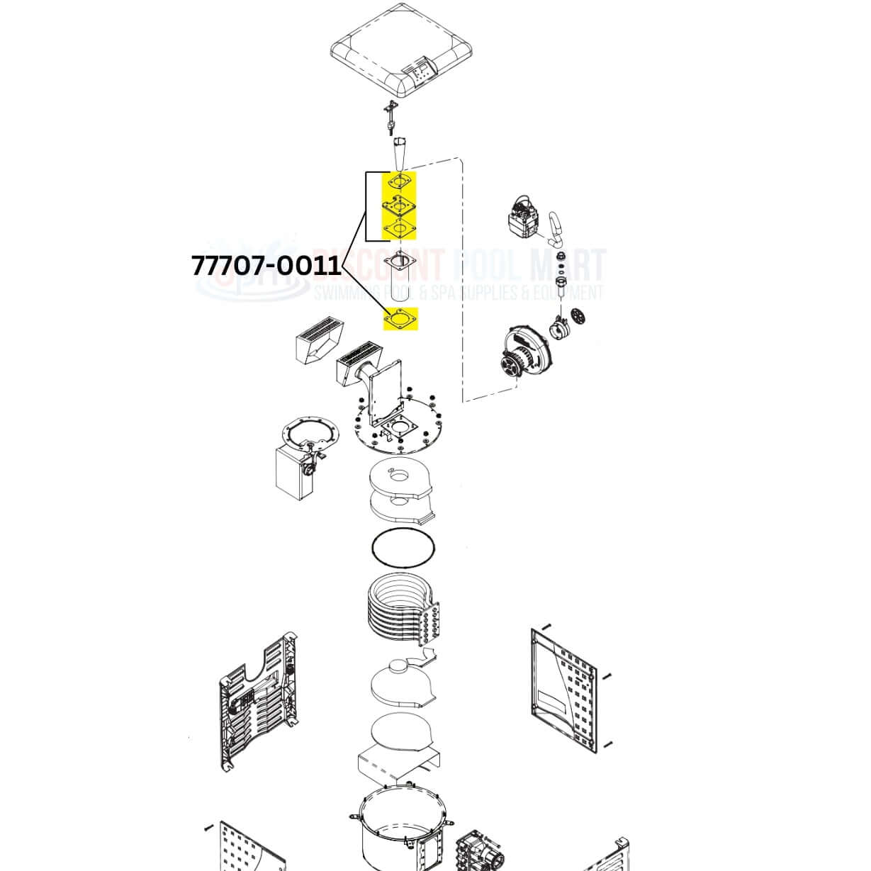 Pentair Blower Adapter Plate Gasket Kit 77707-0011 diagram showing components for Max-E-Therm and MasterTemp heaters from Discount Pool Mart DPM.