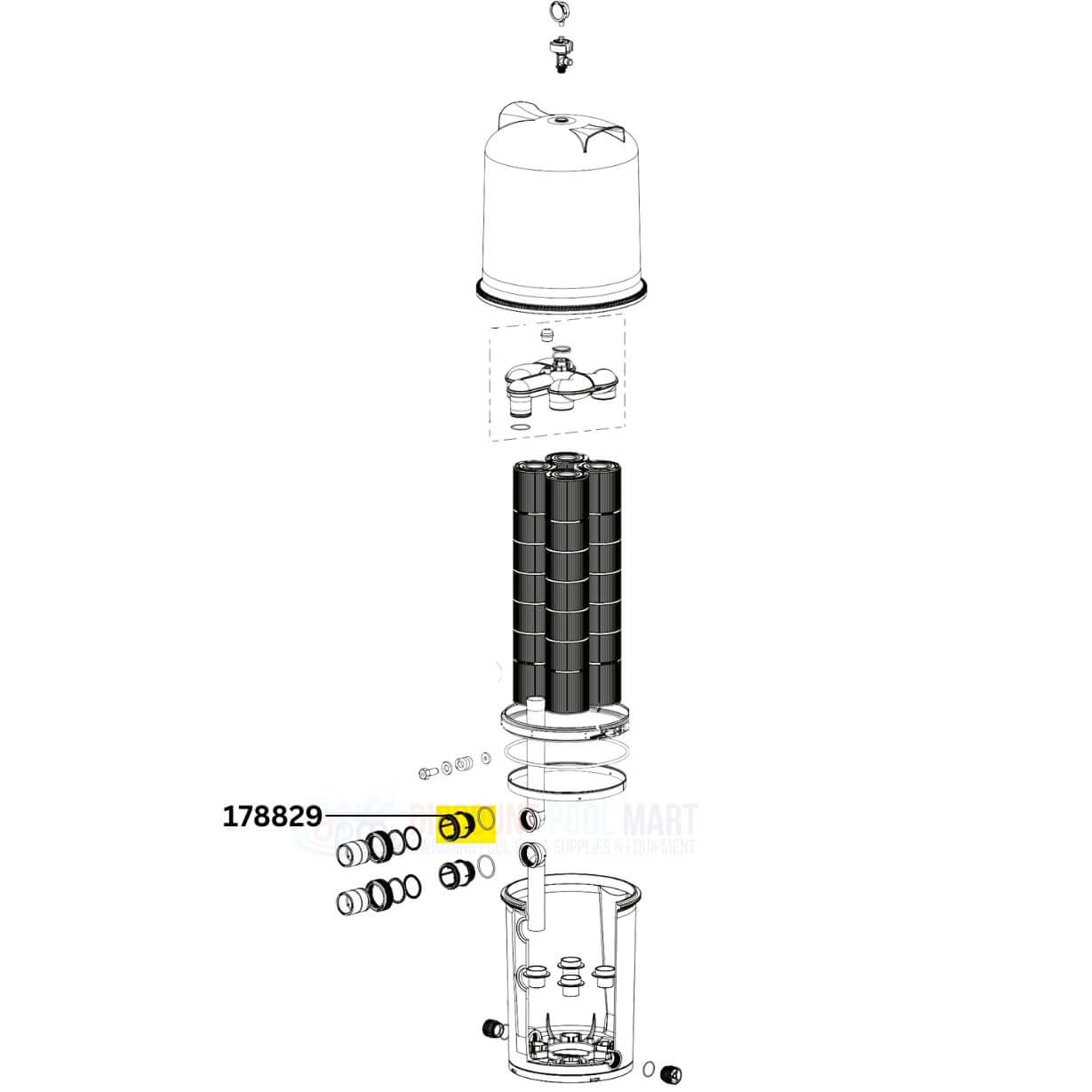 Pentair Bulkhead Kit 178829 exploded view, essential for leak-free FullFloXF Filters, available at Discount Pool Mart DPM.