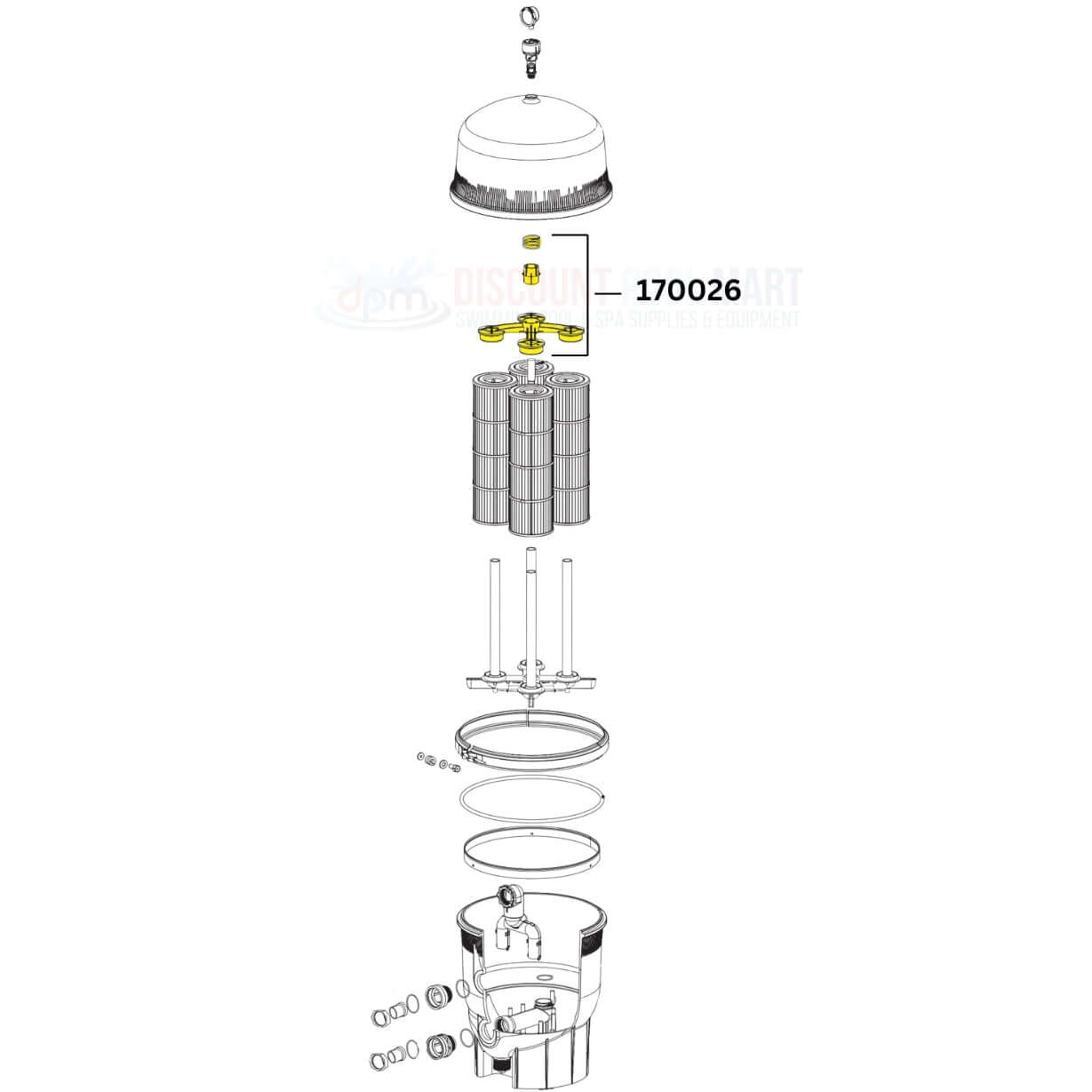 Pentair Clean & Clear Plus Quad DE Filter Top Manifold 170026 diagram with parts labeled, from Discount Pool Mart DPM.