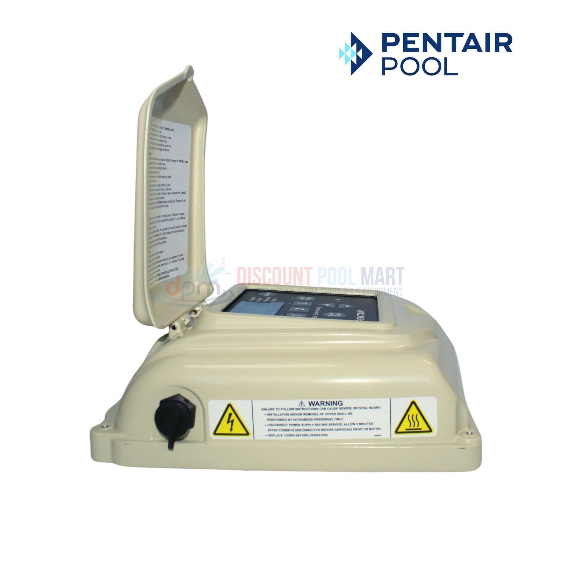 Pentair Drive Cover with Control Panel for SuperFlo VST Pumps from Discount Pool Mart DPM, almond color, open view.