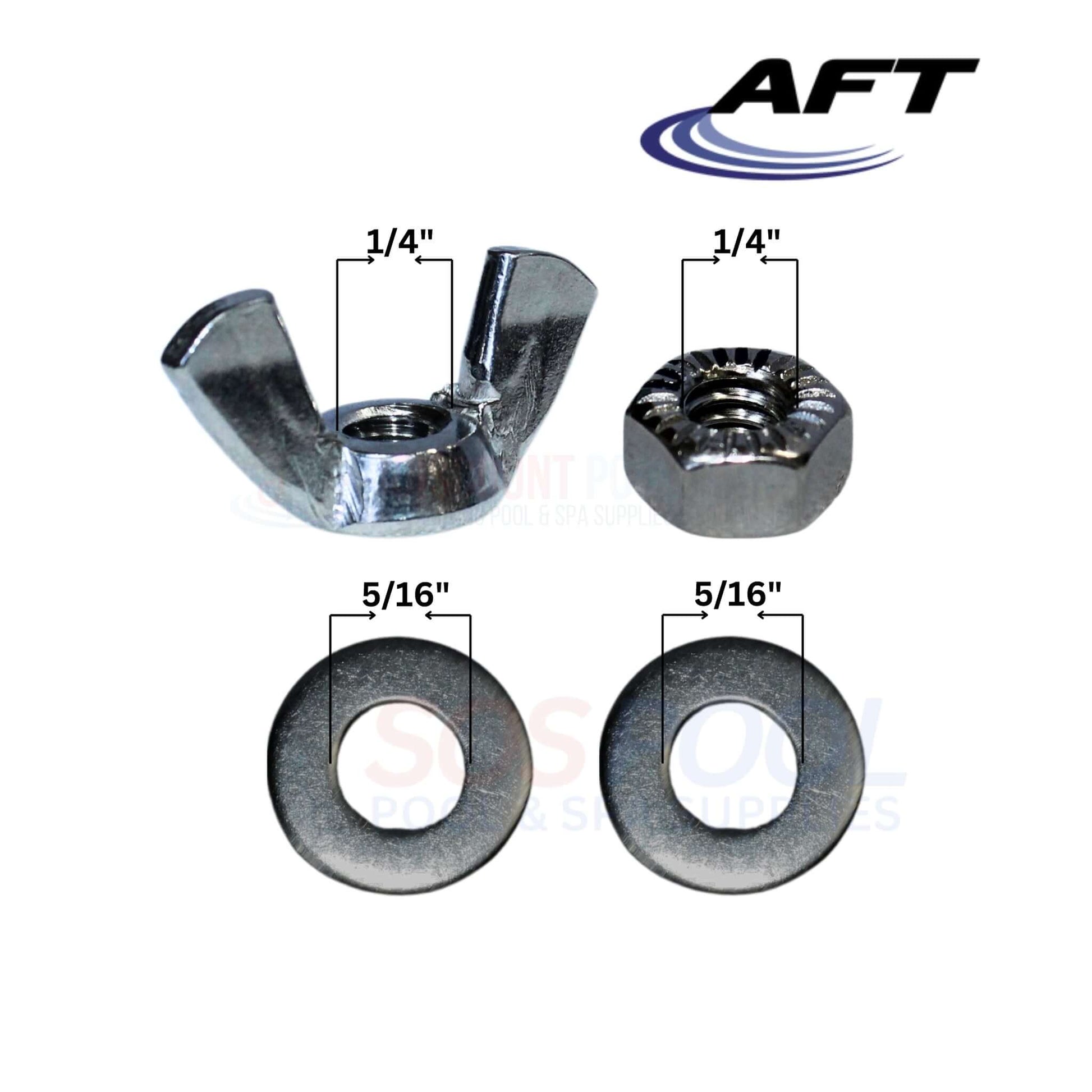 AFT hardware components: 1/4" wing nut, 1/4" hex nut, 5/16" flat washer set, pool maintenance essentials.