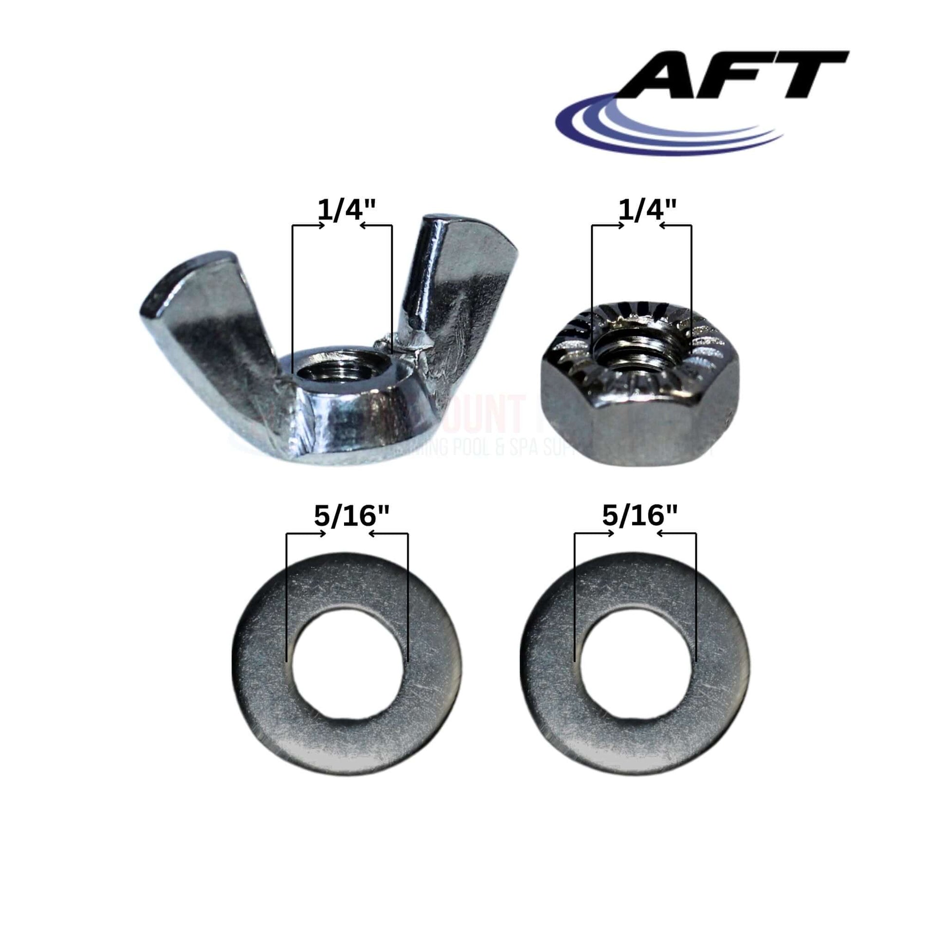 AFT metal hardware components including wing nut and washers in various sizes for pool maintenance from Discount Pool Mart DPM.