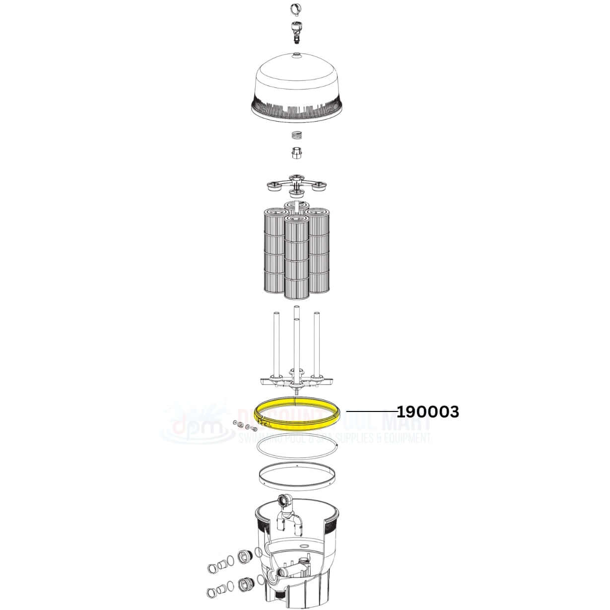 Pentair Filter Tension Control Clamp Kit components diagram, model 190003, from Discount Pool Mart (DPM) for easy maintenance.