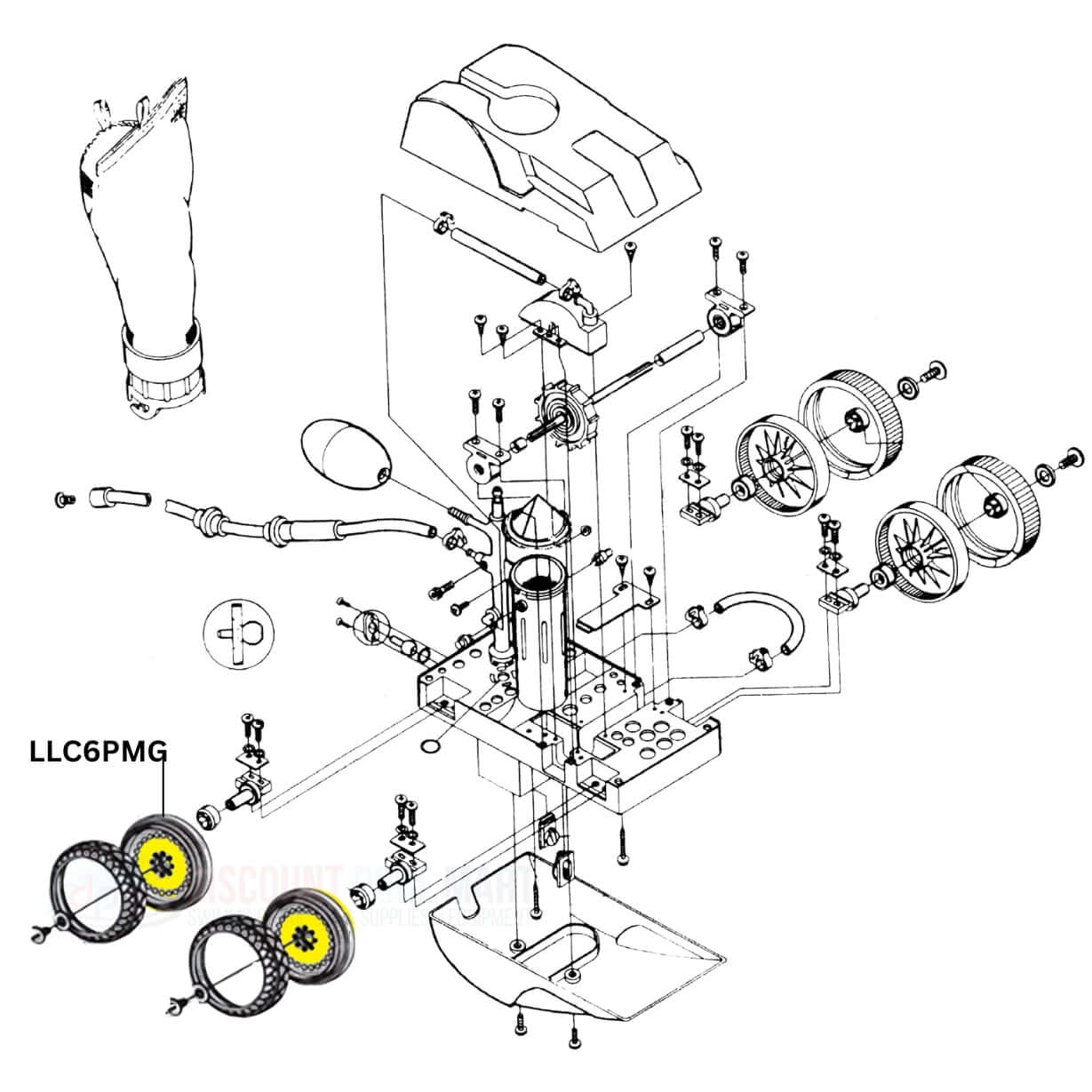Detailed diagram of Pentair Gray Wheel LLC6PMG parts for Legend Platinum cleaners at Discount Pool Mart DPM.