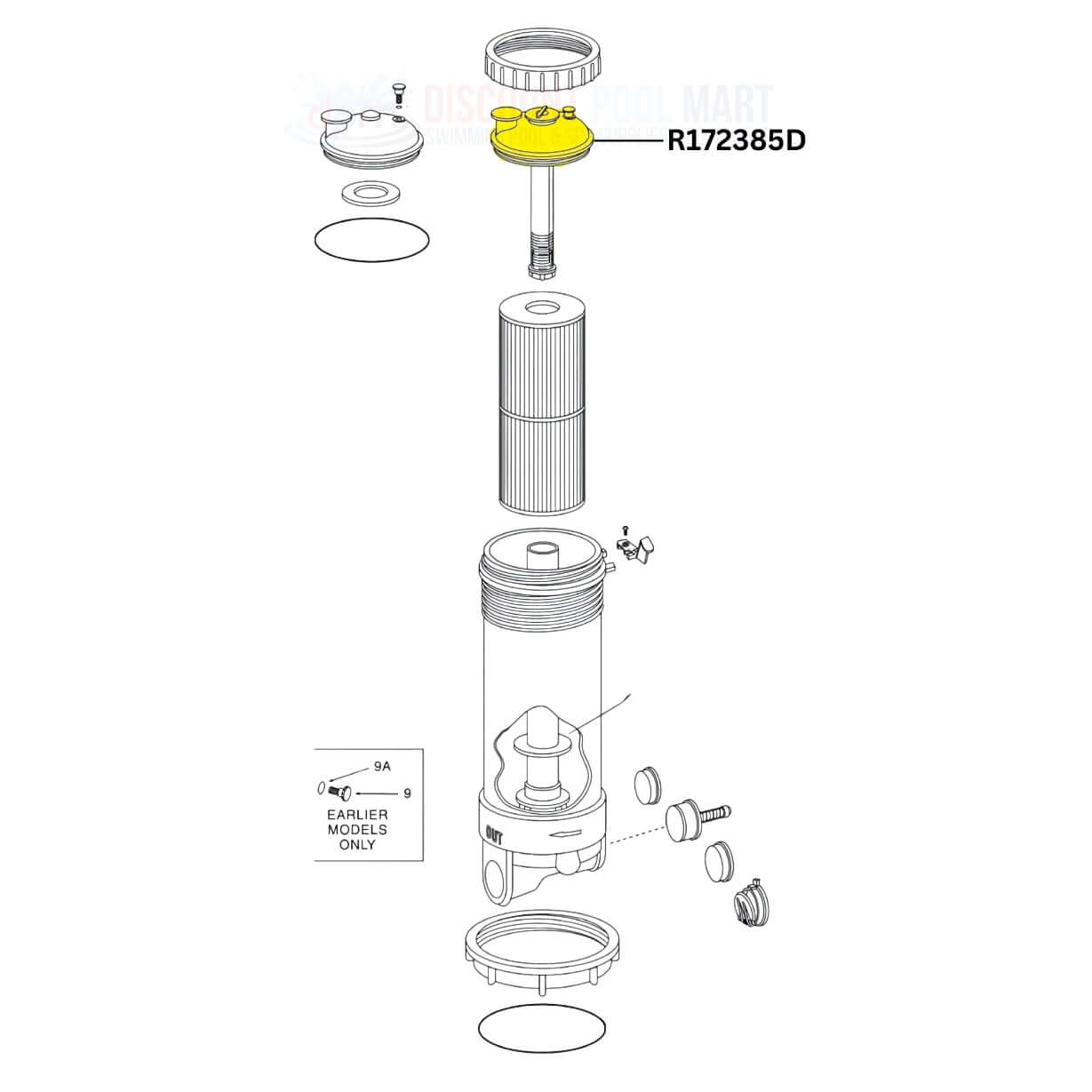 Pentair R172385D Lid Assembly diagram for HC series feeders from Discount Pool Mart DPM, showing components and assembly parts.