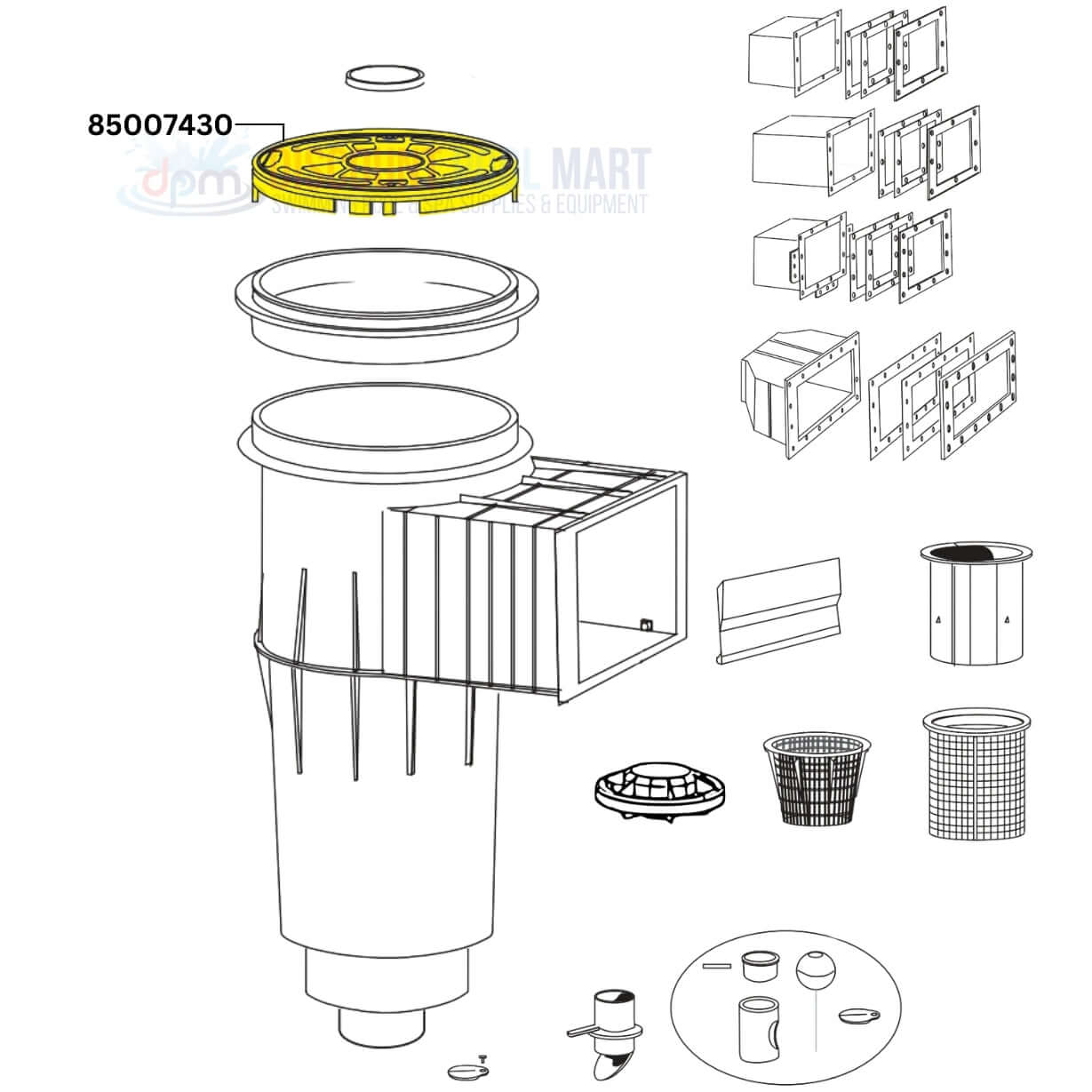 Pentair 85007430 Lock Down Lid for Admiral Skimmers diagram from Discount Pool Mart (DPM) highlighting parts and assembly.